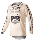 Alpinestars Racer Found Jersey 2023, koszulka motocrossowa, beżowa z czarnymi grafikami, odzież off-road z długim rękawem, z logo AS i napisami na rękawach