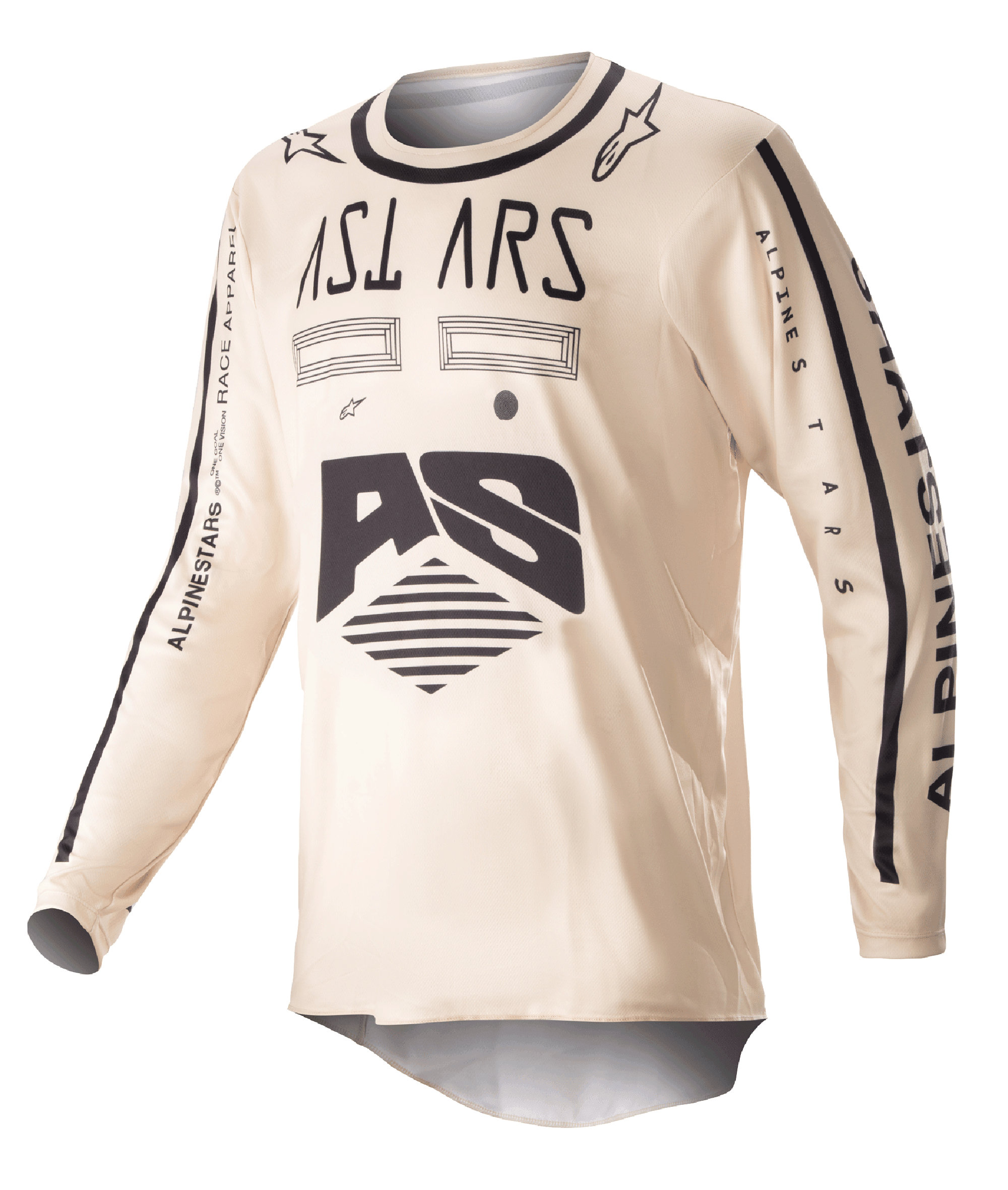 Alpinestars Racer Found Jersey 2023, koszulka motocrossowa, beżowa z czarnymi grafikami, odzież off-road z długim rękawem, z logo AS i napisami na rękawach