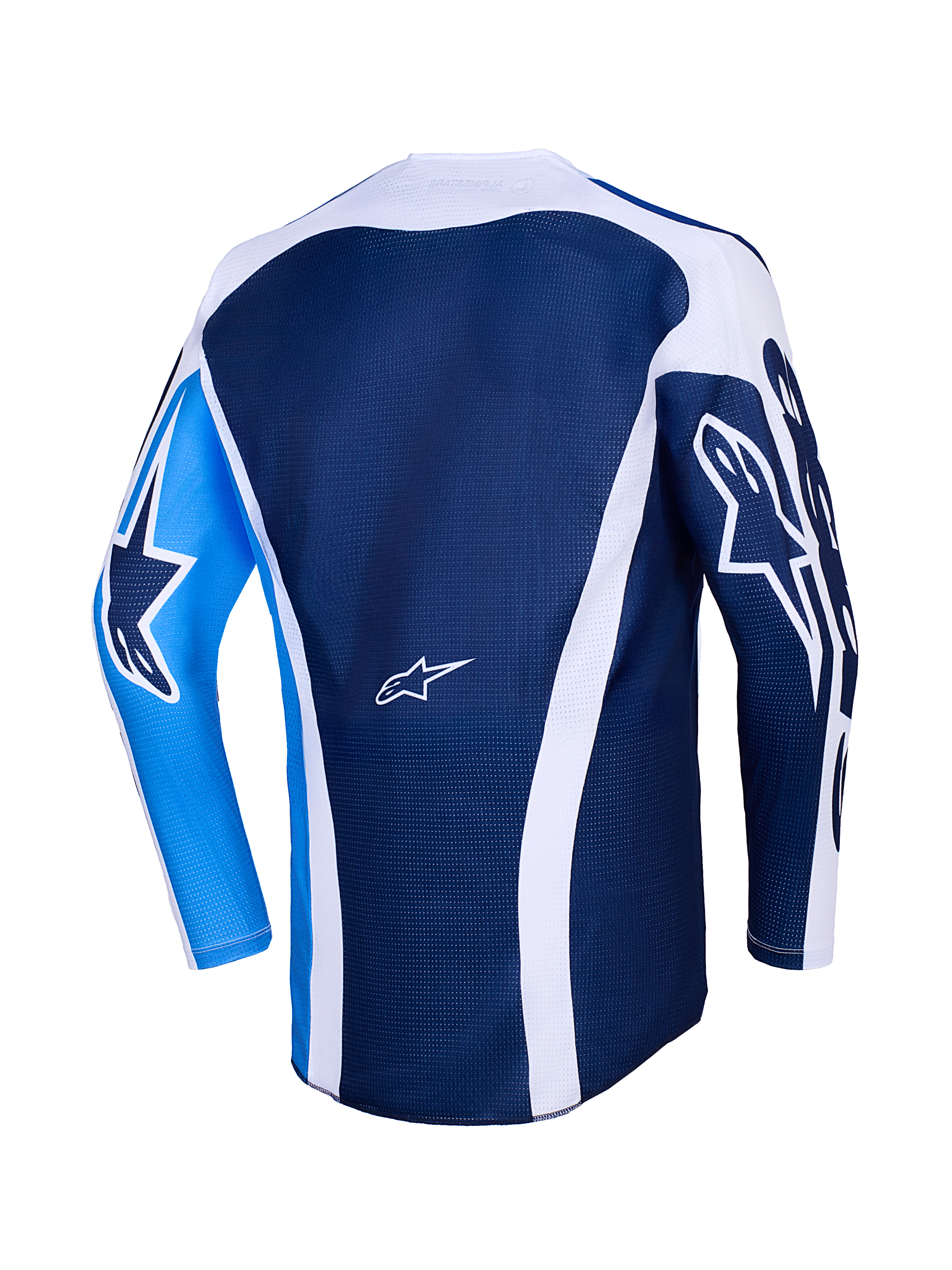Alpinestars 2026 Racer Air Portl Jersey, widok z tyłu, kolorystyka Ucla Blue i biała, ciemnoniebieski korpus z siatki z białymi zakrzywionymi akcentami, jasnoniebieski lewy rękaw z ciemnoniebieskim logo gwiazdy, ciemnoniebieski prawy rękaw z białym logo gwiazdy, oddychająca wyczynowa koszulka motocrossowa