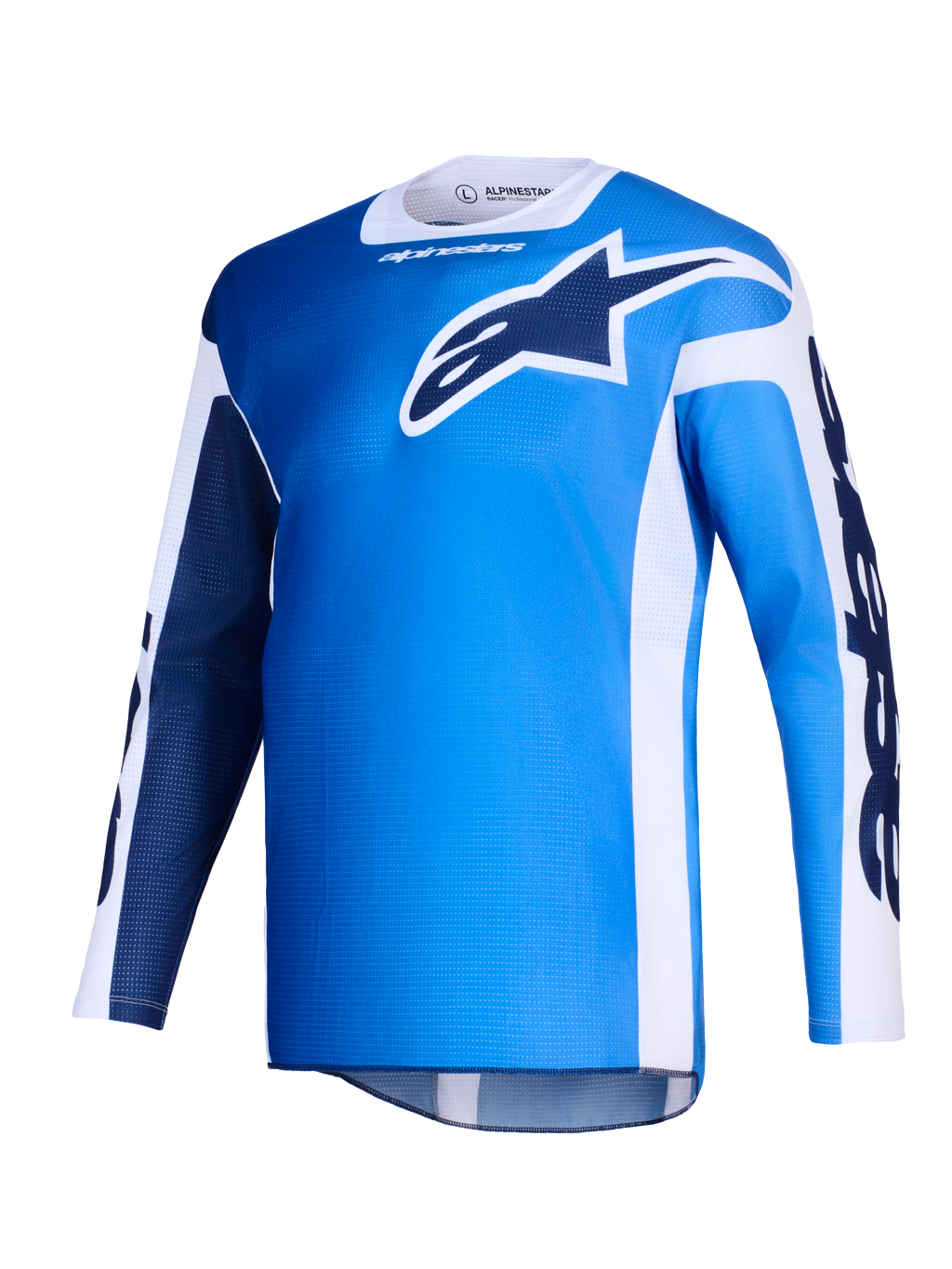 Alpinestars 2026 Racer Air Portl Jersey, koszulka motocrossowa, niebiesko-biała, z dużym ciemnoniebieskim logo Astars na piersi, białymi panelami bocznymi i lekką siateczkową teksturą zapewniającą wysoki przepływ powietrza