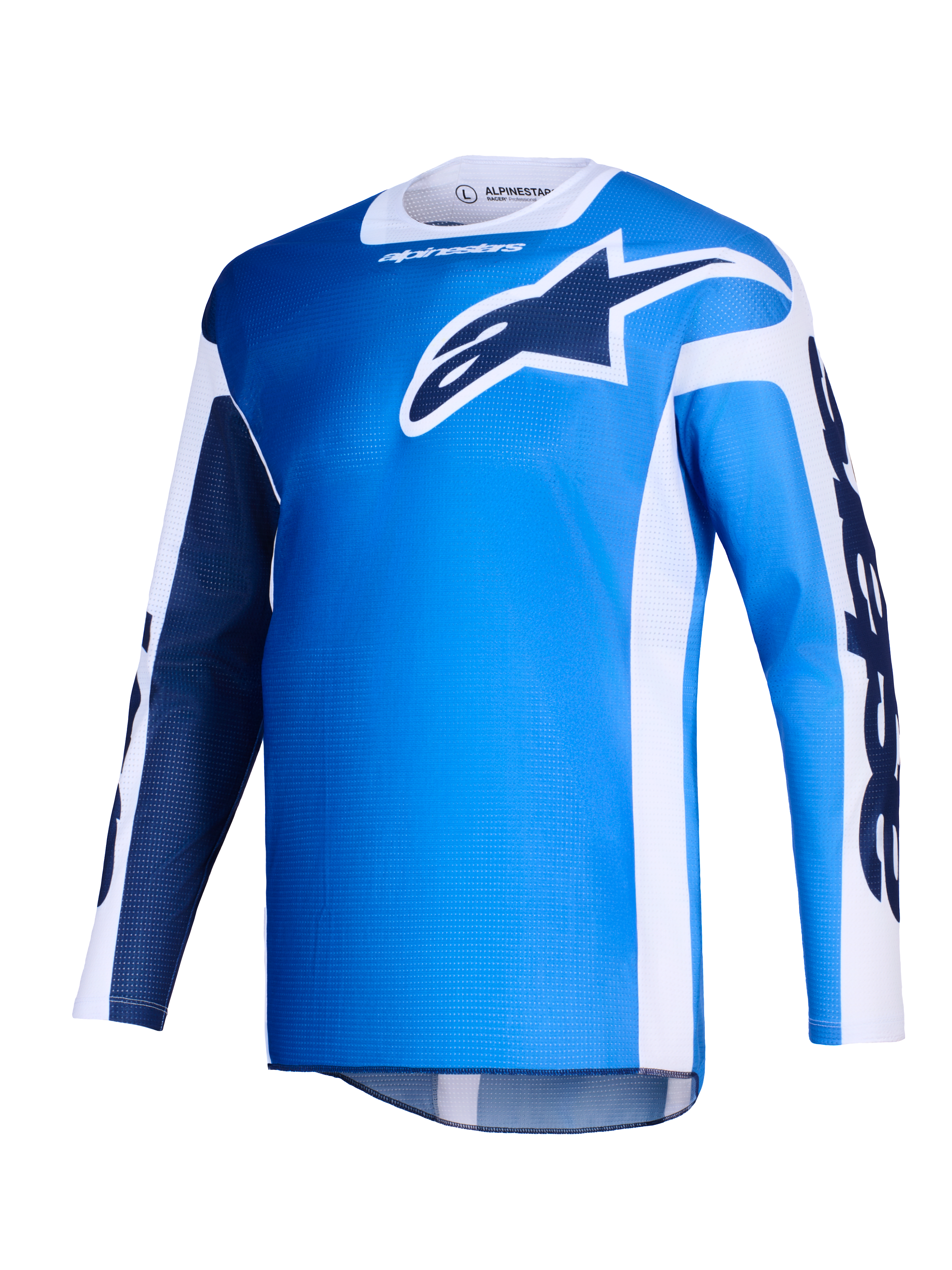 Alpinestars 2026 Racer Air Portl Jersey, koszulka motocrossowa, niebiesko-biała, z dużym ciemnoniebieskim logo Astars na piersi, białymi panelami bocznymi i lekką siateczkową teksturą zapewniającą wysoki przepływ powietrza
