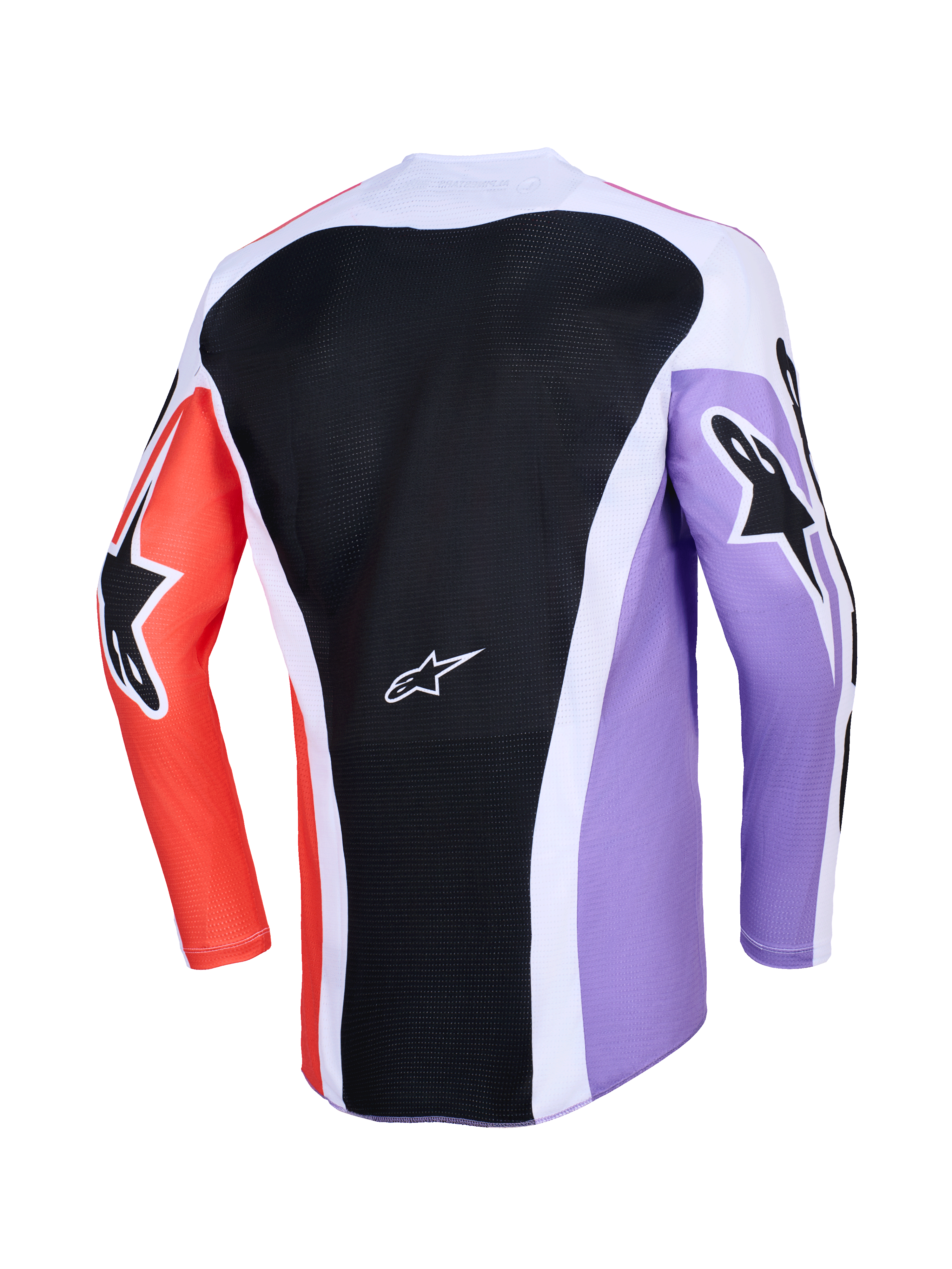 Alpinestars 2026 Racer Air Portl Jersey, widok z tyłu koszulki motocrossowej z długim rękawem, wielokolorowy design z czarnym siatkowym panelem na plecach, fioletowe i pomarańczowe rękawy z czarnym logo gwiazdy, białe akcenty, oddychająca konstrukcja do jazdy off-road