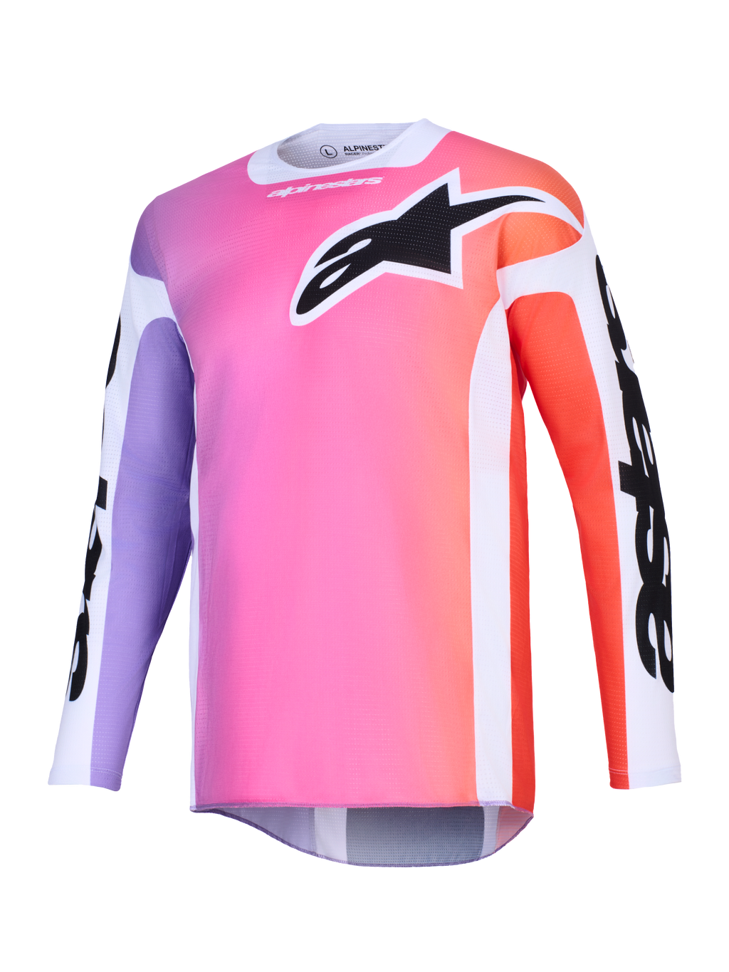Alpinestars 2026 Racer Air Portl Jersey, koszulka motocrossowa, wielokolorowy gradient w odcieniach różu, fioletu i pomarańczu, duże czarne logo Astars na klatce piersiowej, białe panele boczne, oddychająca tkanina siateczkowa z długimi rękawami i przedłużonym tyłem