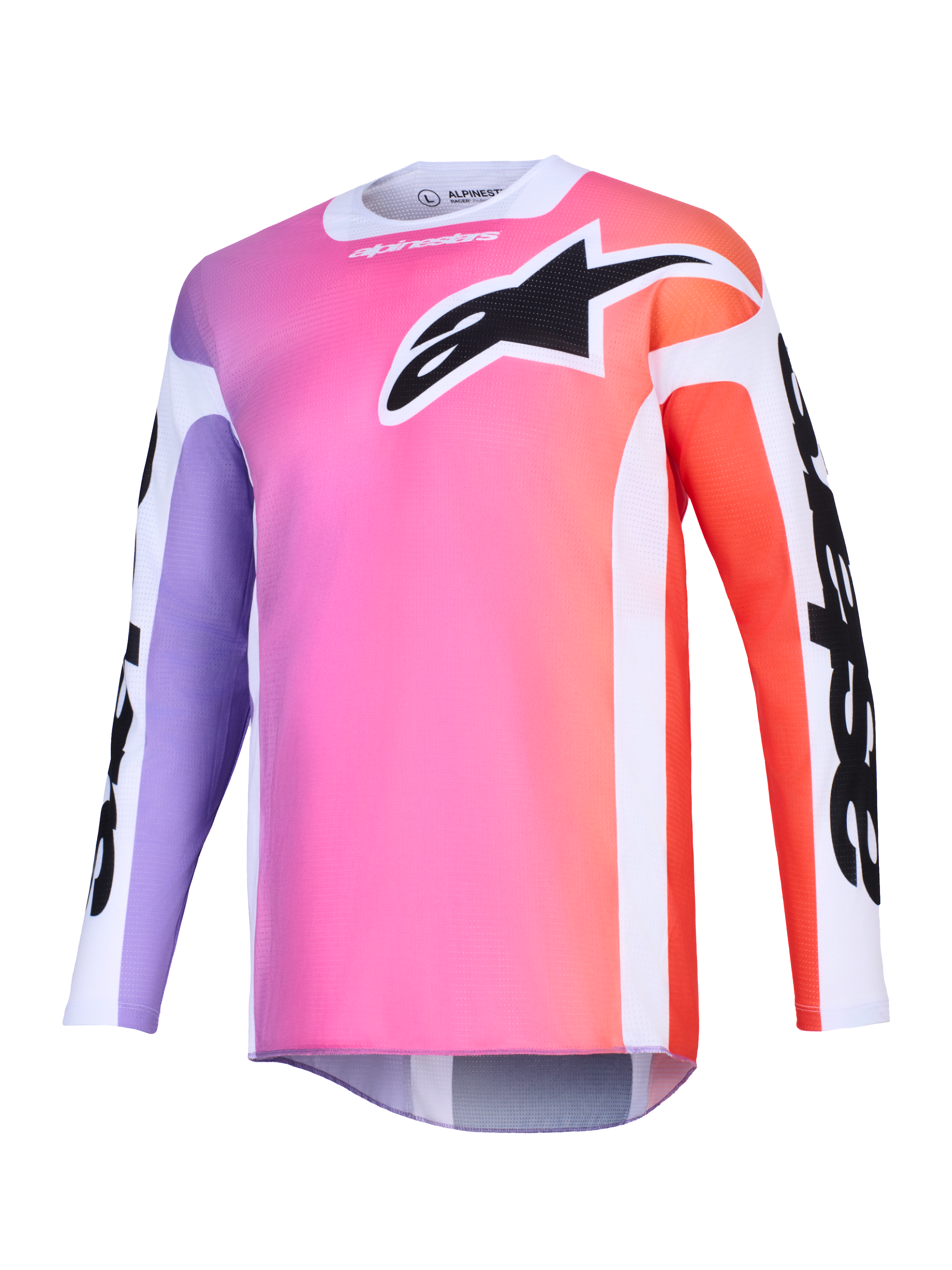 Alpinestars 2026 Racer Air Portl Jersey, koszulka motocrossowa, wielokolorowy gradient w odcieniach różu, fioletu i pomarańczu, duże czarne logo Astars na klatce piersiowej, białe panele boczne, oddychająca tkanina siateczkowa z długimi rękawami i przedłużonym tyłem