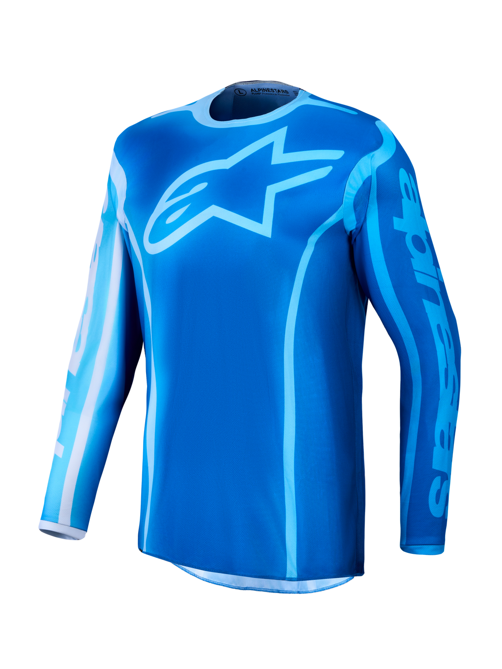 Alpinestars 2027 Fluid Kepler, niebieska koszulka motocrossowa MX z dużym logo gwiazdy, materiał odprowadzający wilgoć.