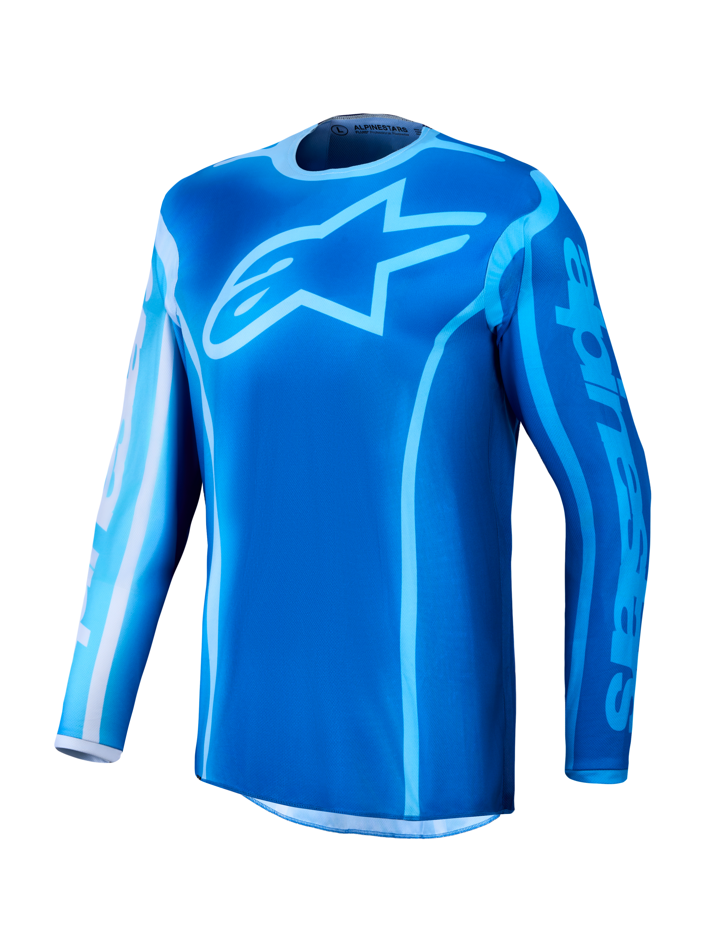 Alpinestars 2027 Fluid Kepler, niebieska koszulka motocrossowa MX z dużym logo gwiazdy, materiał odprowadzający wilgoć.
