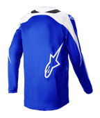 Alpinestars 2023 Fluid Narin Jersey, koszulka motocrossowa, Blue Ray White, widok z tyłu z dużym białym logo A-star, białe panele na ramionach, oddychająca tkanina poliestrowa do jazdy off-road