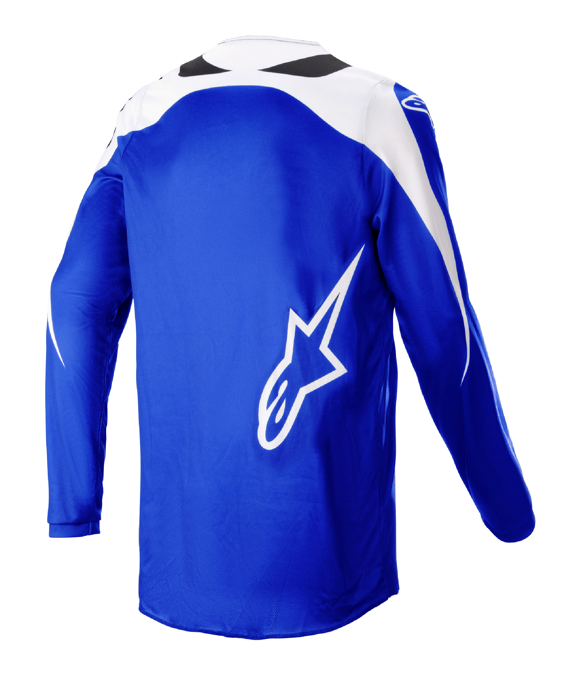 Alpinestars 2023 Fluid Narin Jersey, koszulka motocrossowa, Blue Ray White, widok z tyłu z dużym białym logo A-star, białe panele na ramionach, oddychająca tkanina poliestrowa do jazdy off-road