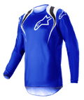 Alpinestars Fluid Narin Jersey 2023, koszulka motocrossowa, niebieska z białymi i czarnymi akcentami na ramionach, białe logo na klatce piersiowej, lekka konstrukcja z długim rękawem do wyścigów terenowych