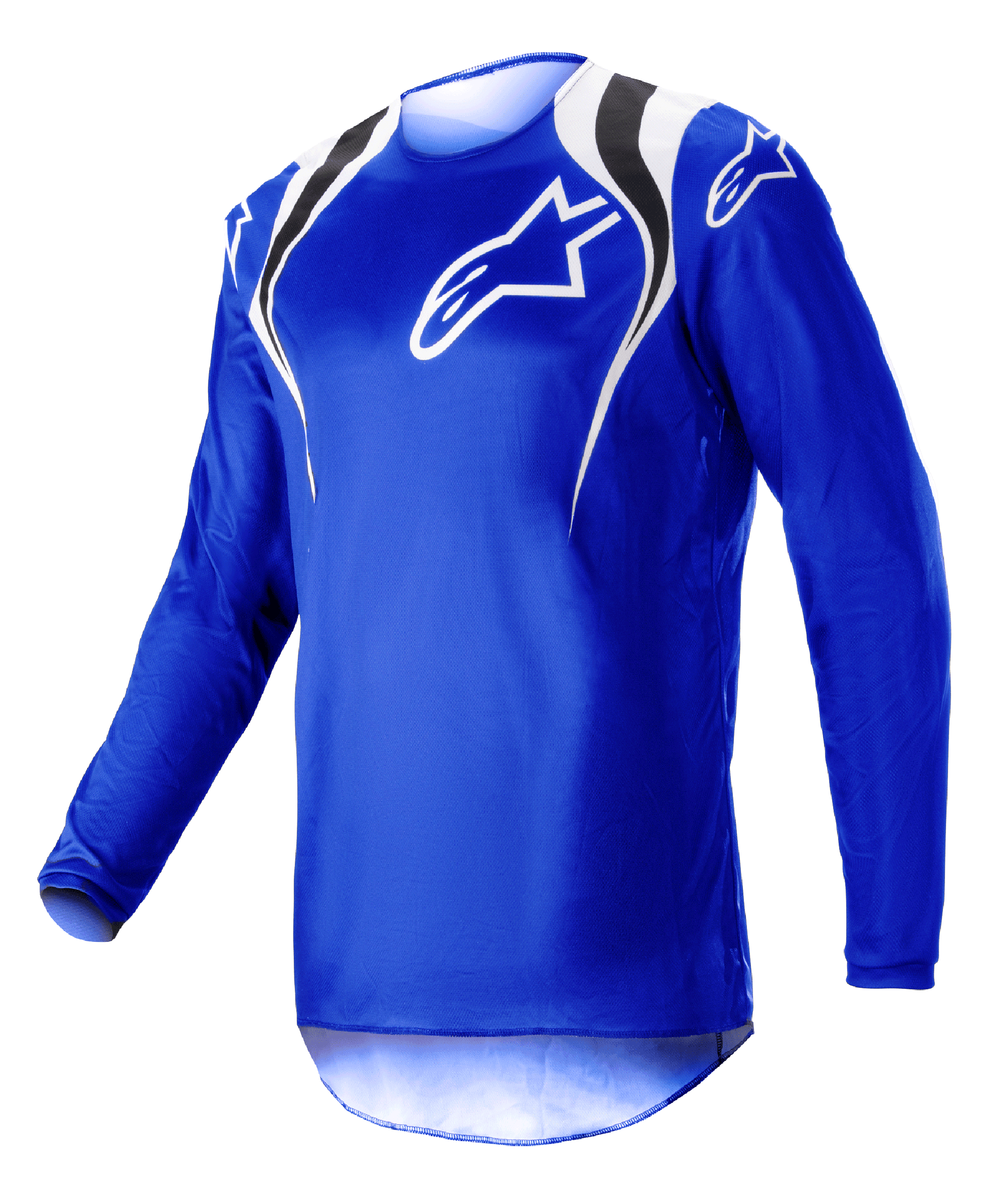 Alpinestars Fluid Narin Jersey 2023, koszulka motocrossowa, niebieska z białymi i czarnymi akcentami na ramionach, białe logo na klatce piersiowej, lekka konstrukcja z długim rękawem do wyścigów terenowych