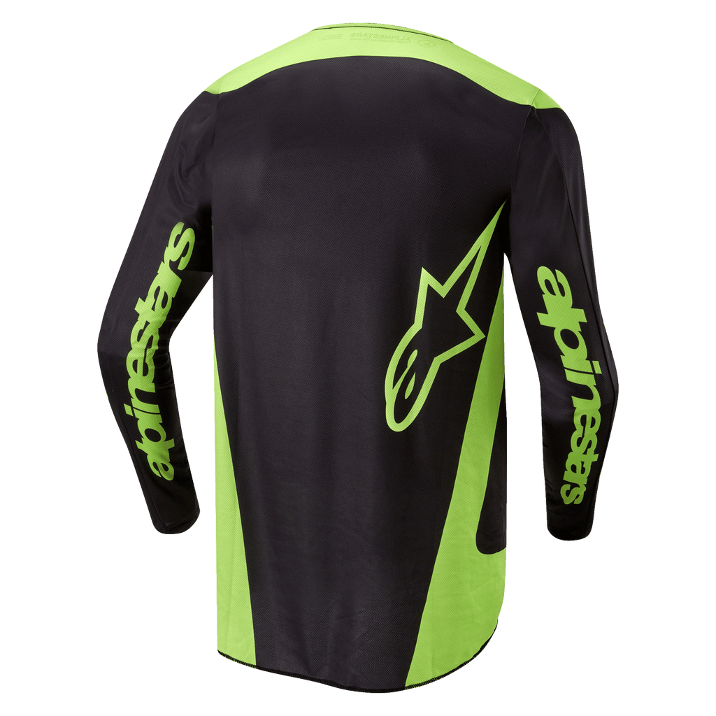 Alpinestars 2024 Fluid Lurv Jersey, koszulka motocrossowa, czarno-żółta neonowa, widok z tyłu z neonowożółtymi panelami bocznymi, dużym logo gwiazdy w dolnej części pleców oraz brandingiem Alpinestars na rękawach