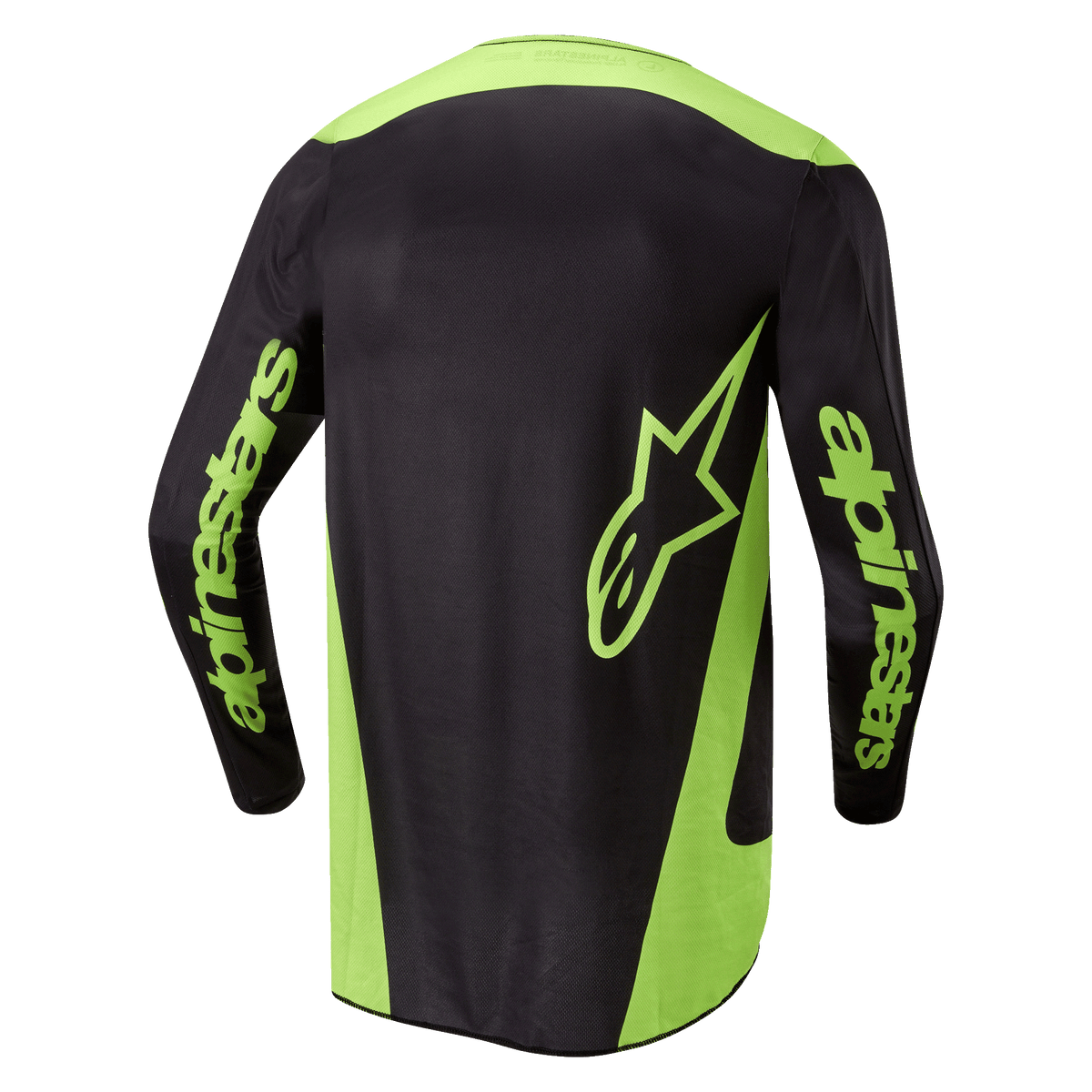 Alpinestars 2024 Fluid Lurv Jersey, koszulka motocrossowa, czarno-żółta neonowa, widok z tyłu z neonowożółtymi panelami bocznymi, dużym logo gwiazdy w dolnej części pleców oraz brandingiem Alpinestars na rękawach