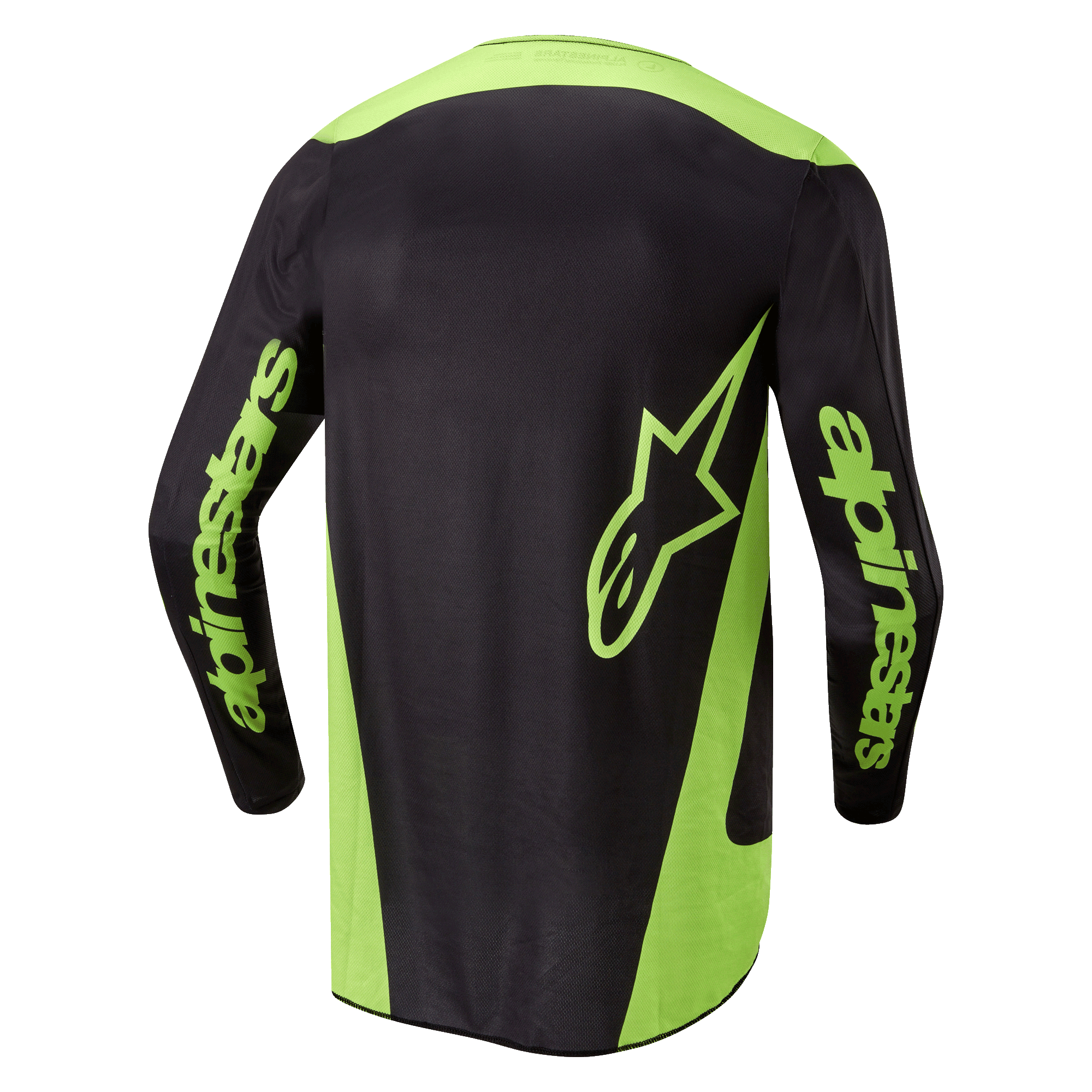 Alpinestars 2024 Fluid Lurv Jersey, koszulka motocrossowa, czarno-żółta neonowa, widok z tyłu z neonowożółtymi panelami bocznymi, dużym logo gwiazdy w dolnej części pleców oraz brandingiem Alpinestars na rękawach