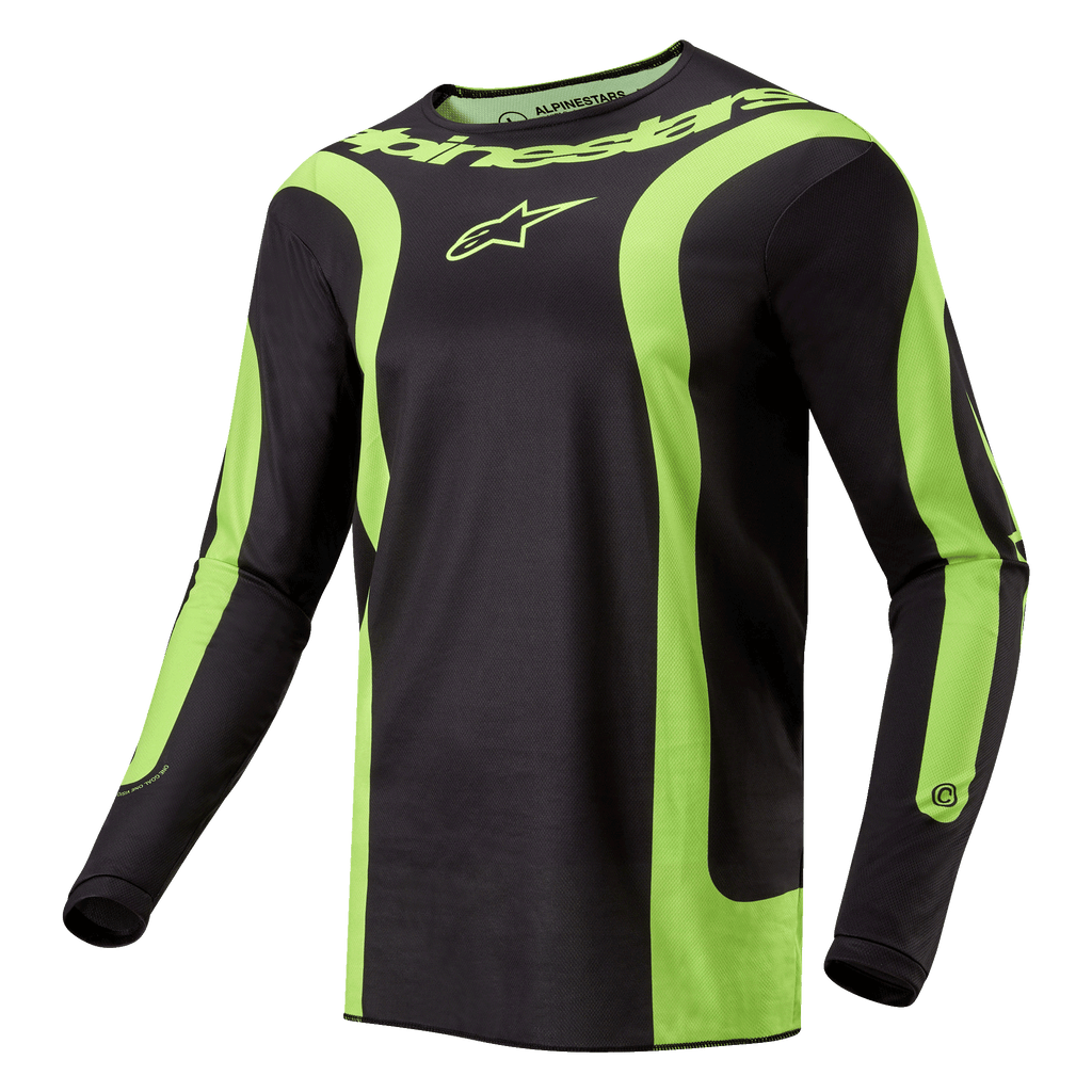 Alpinestars 2024 Fluid Lurv Jersey, koszulka motocrossowa, czarno-żółta fluo, z wyrazistymi zakrzywionymi fluorescencyjnymi żółtymi panelami, logo Alpinestars na klatce piersiowej i napisem wokół kołnierzyka, sportowy krój do jazdy terenowej