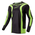 Alpinestars 2024 Fluid Lurv Jersey, koszulka motocrossowa, czarno-żółta fluo, z wyrazistymi zakrzywionymi fluorescencyjnymi żółtymi panelami, logo Alpinestars na klatce piersiowej i napisem wokół kołnierzyka, sportowy krój do jazdy terenowej