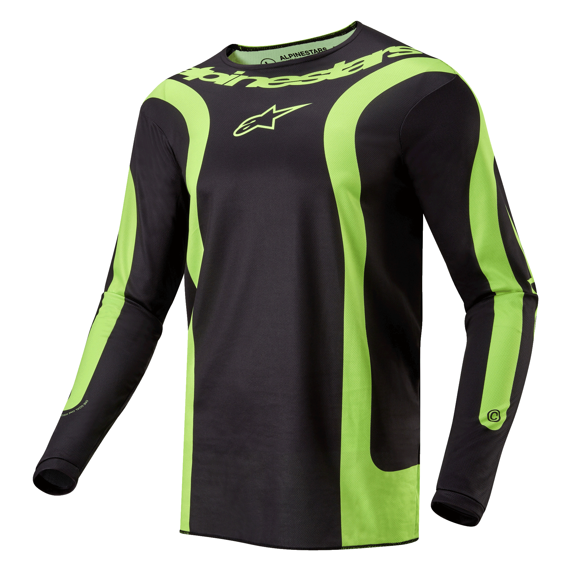 Alpinestars 2024 Fluid Lurv Jersey, koszulka motocrossowa, czarno-żółta fluo, z wyrazistymi zakrzywionymi fluorescencyjnymi żółtymi panelami, logo Alpinestars na klatce piersiowej i napisem wokół kołnierzyka, sportowy krój do jazdy terenowej