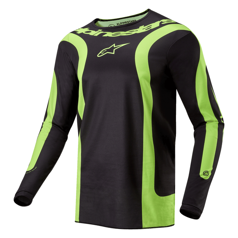 Alpinestars 2024 Fluid Lurv Jersey, Motocross Jersey, Black and Yellow Fluo, featuring bold curved fluorescent yellow panels, Alpinestars logo on the chest and wordmark around the collar, athletic sport fit for off-road racing