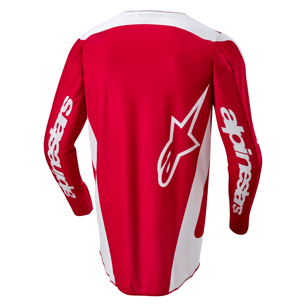 Alpinestars Fluid Lurv Jersey 2024, koszulka motocrossowa, kolor Mars Red i biały, widok z tyłu z dużym białym logo gwiazdy na plecach, białe panele boczne i branding na rękawach