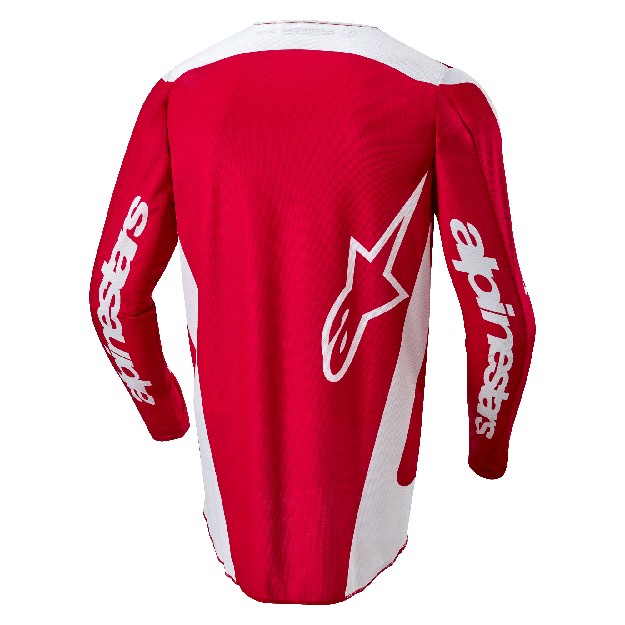 Alpinestars Fluid Lurv Jersey 2024, koszulka motocrossowa, kolor Mars Red i biały, widok z tyłu z dużym białym logo gwiazdy na plecach, białe panele boczne i branding na rękawach