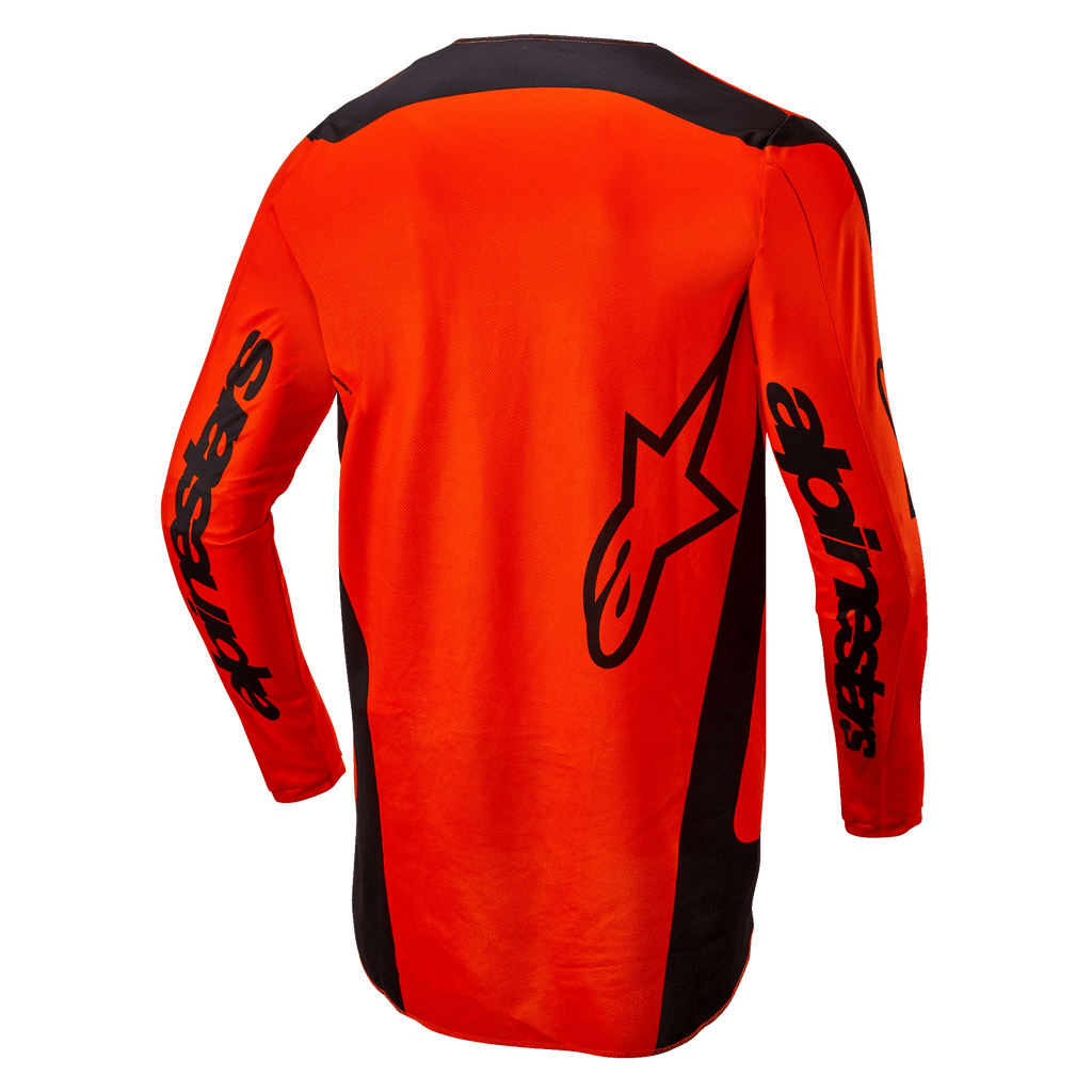 Alpinestars 2024 Fluid Lurv Jersey, koszulka motocrossowa, jaskrawopomarańczowa i czarna, widok z tyłu pokazujący duże czarne logo gwiazdy i branding Alpinestars na rękawach, przedłużony tył dla lepszej osłony, lekka tkanina poliestrowa do wyścigów terenowych