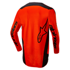 Alpinestars 2024 Fluid Lurv Jersey, koszulka motocrossowa, jaskrawopomarańczowa i czarna, widok z tyłu pokazujący duże czarne logo gwiazdy i branding Alpinestars na rękawach, przedłużony tył dla lepszej osłony, lekka tkanina poliestrowa do wyścigów terenowych