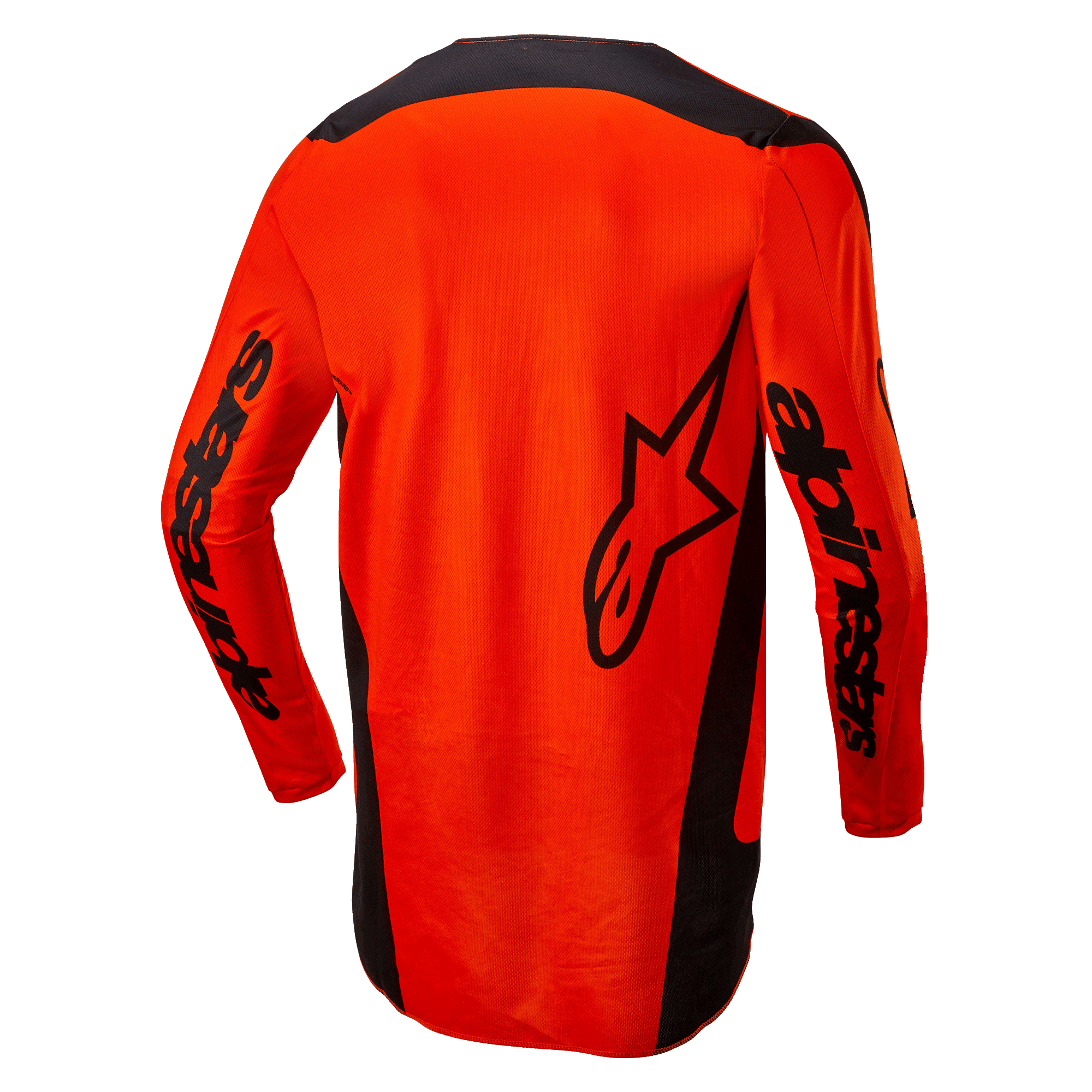 Alpinestars 2024 Fluid Lurv Jersey, koszulka motocrossowa, jaskrawopomarańczowa i czarna, widok z tyłu pokazujący duże czarne logo gwiazdy i branding Alpinestars na rękawach, przedłużony tył dla lepszej osłony, lekka tkanina poliestrowa do wyścigów terenowych