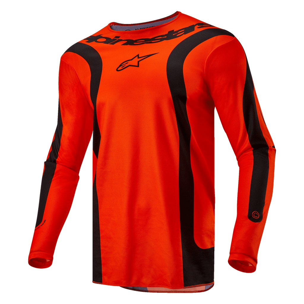 Alpinestars 2024 Fluid Lurv Jersey, koszulka motocrossowa, jaskrawopomarańczowa i czarna, długie rękawy z czarnymi zakrzywionymi panelami, czarne logo Alpinestars na klatce piersiowej i branding na kołnierzu, sportowy krój do wyścigów off-road