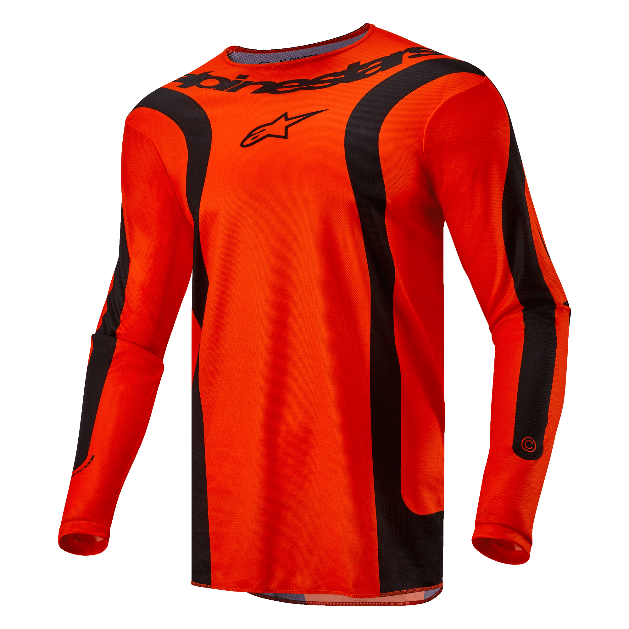 Alpinestars 2024 Fluid Lurv Jersey, koszulka motocrossowa, jaskrawopomarańczowa i czarna, długie rękawy z czarnymi zakrzywionymi panelami, czarne logo Alpinestars na klatce piersiowej i branding na kołnierzu, sportowy krój do wyścigów off-road