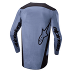 Alpinestars 2024 Fluid Lurv Jersey, koszulka motocrossowa, jasnoniebieska i czarna, widok z tyłu przedstawiający logo Alpinestars na rękawach i logo gwiazdy na plecach, przedłużony tył, oddychający materiał techniczny do wyścigów terenowych