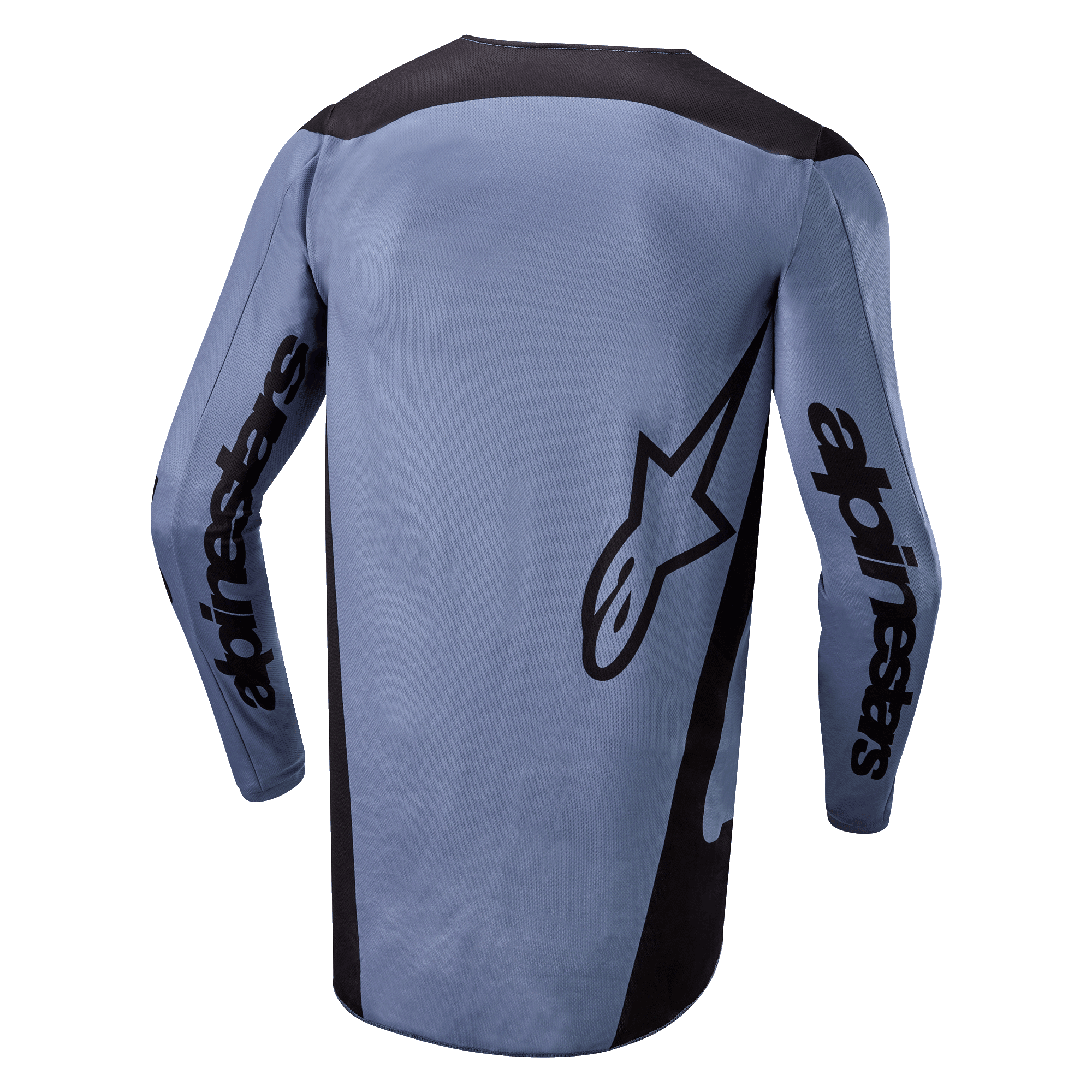 Alpinestars 2024 Fluid Lurv Jersey, koszulka motocrossowa, jasnoniebieska i czarna, widok z tyłu przedstawiający logo Alpinestars na rękawach i logo gwiazdy na plecach, przedłużony tył, oddychający materiał techniczny do wyścigów terenowych