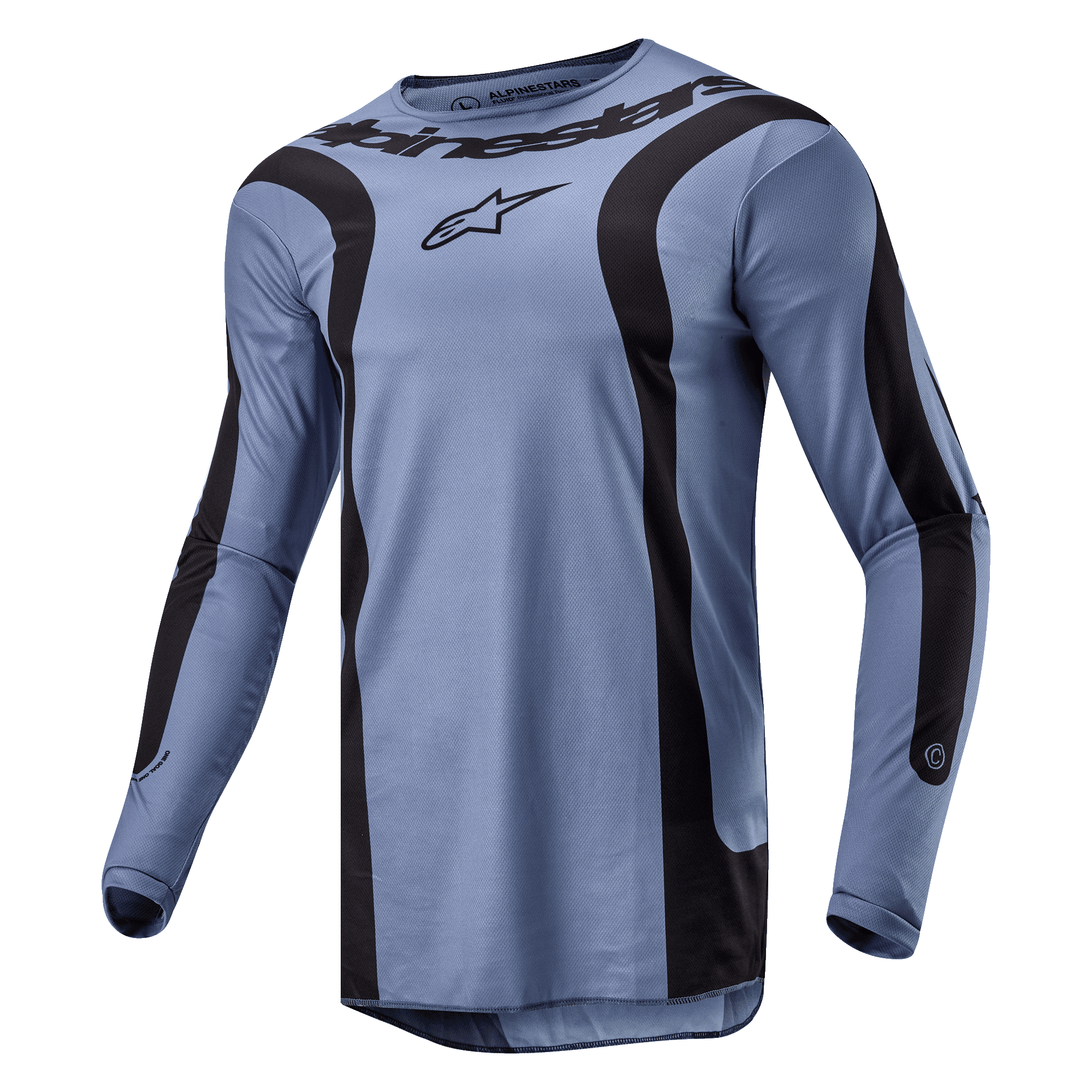Alpinestars 2024 Fluid Lurv Jersey, koszulka motocrossowa, jasnoniebiesko-czarna, wyraźne zakrzywione czarne grafiki na przodzie i rękawach, centralne logo Alpinestars na piersi, techniczna konstrukcja poliestrowa ze sportowym kołnierzykiem