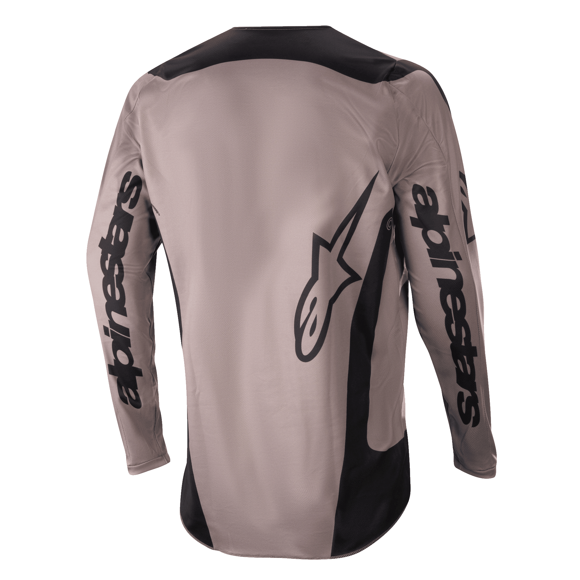 Alpinestars 2024 Fluid Lurv Jersey, koszulka motocrossowa, Mud Black, widok z tyłu z dużym brandingiem Alpinestars na rękawach i w dolnej części pleców, czarne panele na ramionach i bokach, wyczynowa odzież do jazdy terenowej