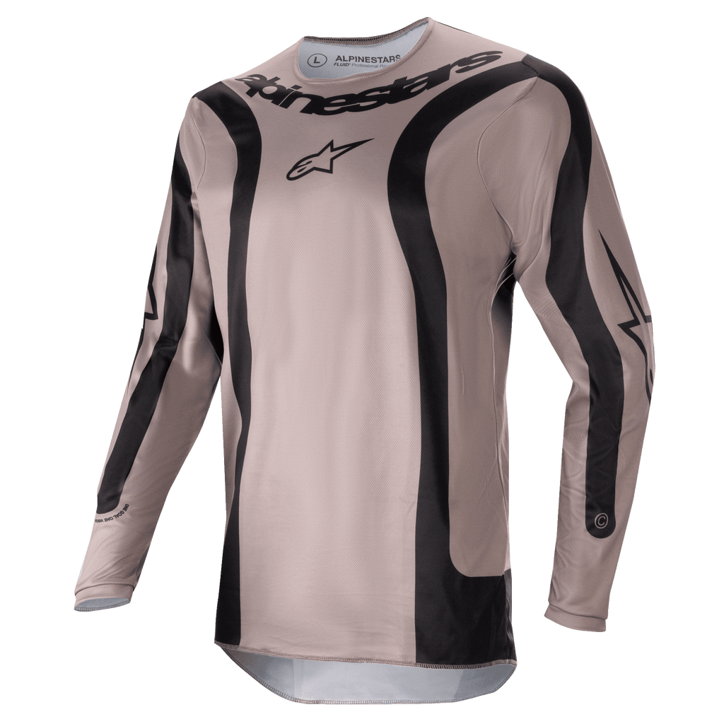 Alpinestars 2024 Fluid Lurv Jersey, koszulka motocrossowa, Mud Black, czarne zakrzywione panele graficzne i centralne logo Alpinestars, lekka, oddychająca tkanina poliestrowa zapewniająca wydajność w terenie
