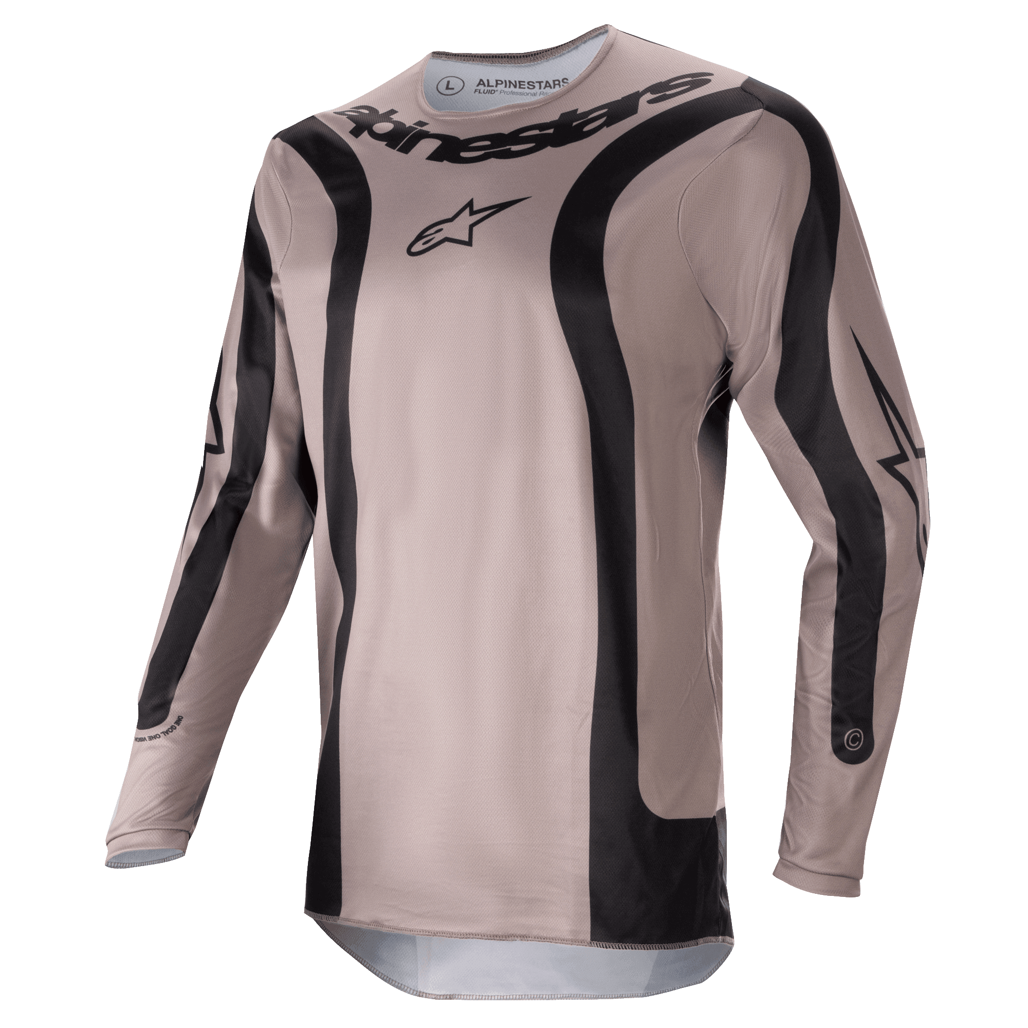 Alpinestars 2024 Fluid Lurv Jersey, koszulka motocrossowa, Mud Black, czarne zakrzywione panele graficzne i centralne logo Alpinestars, lekka, oddychająca tkanina poliestrowa zapewniająca wydajność w terenie