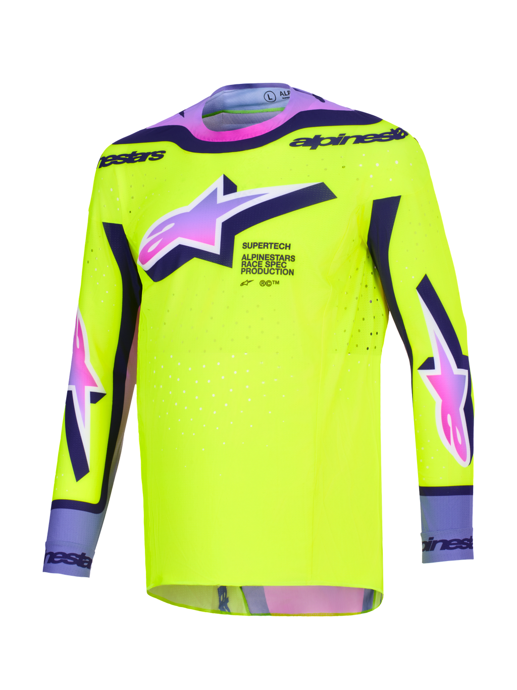 Alpinestars 2026 Supertech Vista Jersey, koszulka motocrossowa, jaskrawożółta z fioletowymi i czarnymi akcentami, logo Astars z różowo-fioletowym gradientem, sportowy krój wyścigowy z laserowo wycinanymi perforacjami dla wydajności w jeździe terenowej