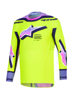 Alpinestars 2026 Supertech Vista Jersey, koszulka motocrossowa, jaskrawożółta z fioletowymi i czarnymi akcentami, logo Astars z różowo-fioletowym gradientem, sportowy krój wyścigowy z laserowo wycinanymi perforacjami dla wydajności w jeździe terenowej
