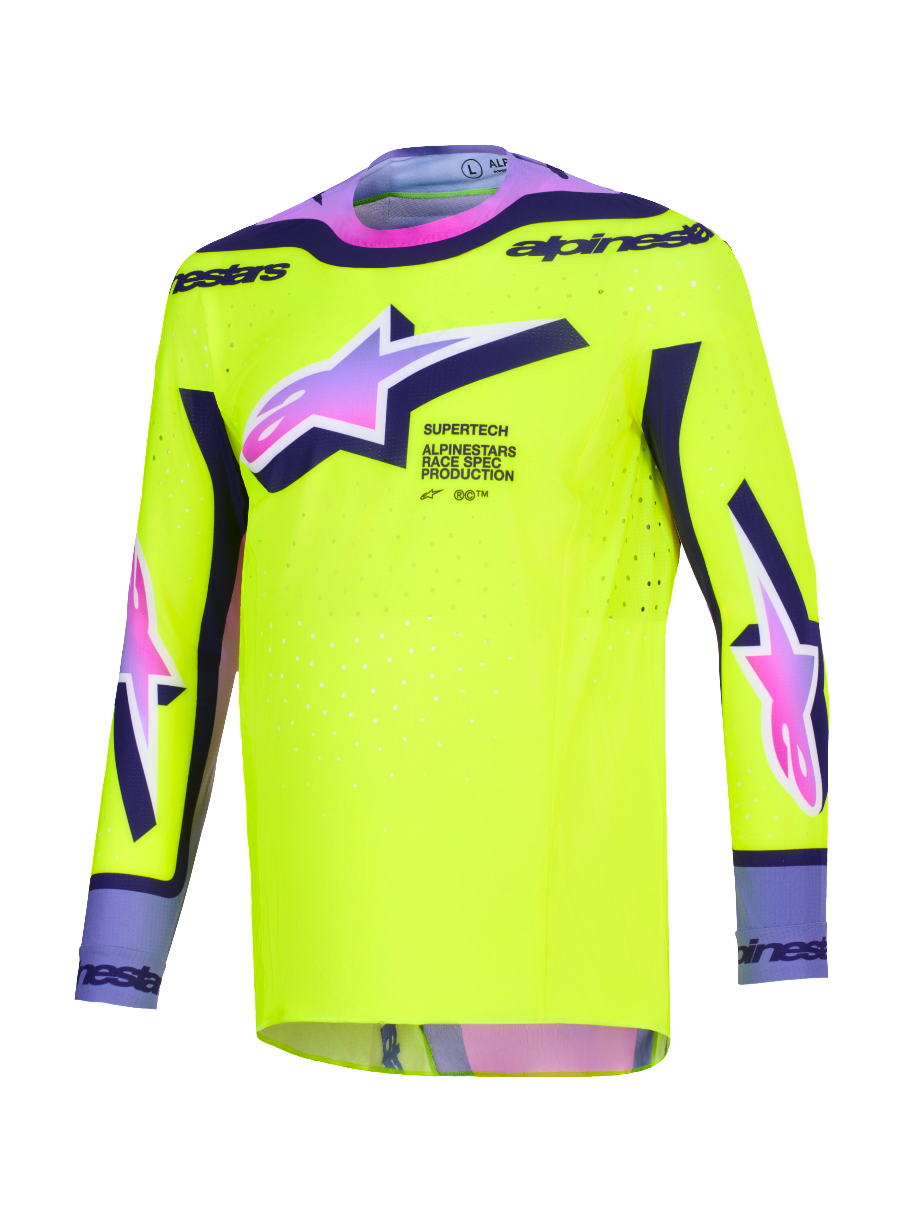 Alpinestars 2026 Supertech Vista Jersey, koszulka motocrossowa, jaskrawożółta z fioletowymi i czarnymi akcentami, logo Astars z różowo-fioletowym gradientem, sportowy krój wyścigowy z laserowo wycinanymi perforacjami dla wydajności w jeździe terenowej