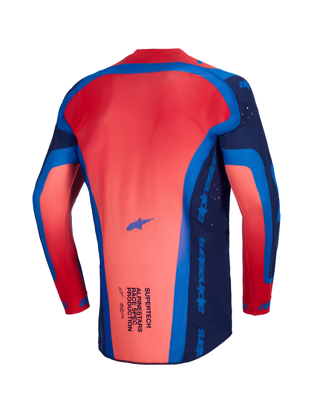 Alpinestars 2026 Supertech Vista Jersey, koszulka motocrossowa, ciemnogranatowa, jaskrawokoralowa i kobaltowa, widok z tyłu pokazujący przedłużony profil pleców i lekką konstrukcję z siateczki