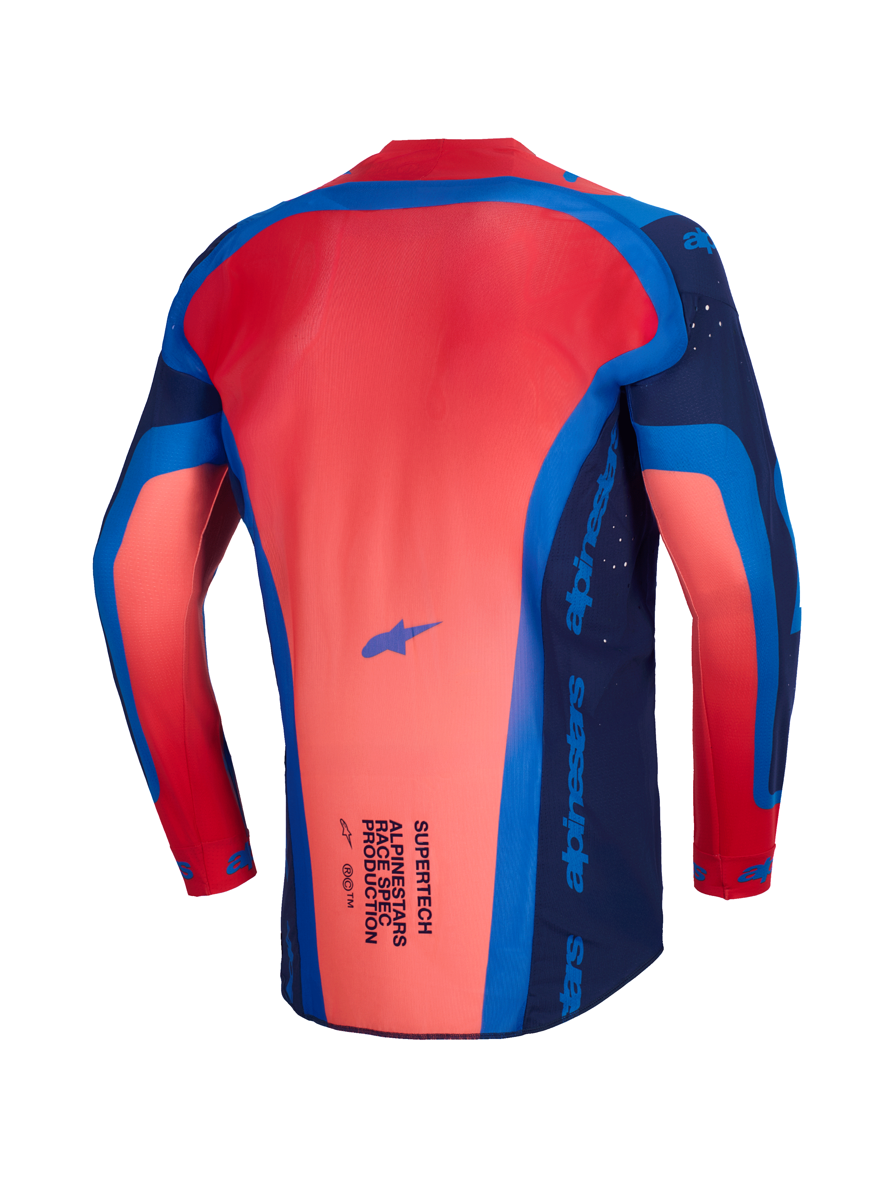 Alpinestars 2026 Supertech Vista Jersey, koszulka motocrossowa, ciemnogranatowa, jaskrawokoralowa i kobaltowa, widok z tyłu pokazujący przedłużony profil pleców i lekką konstrukcję z siateczki