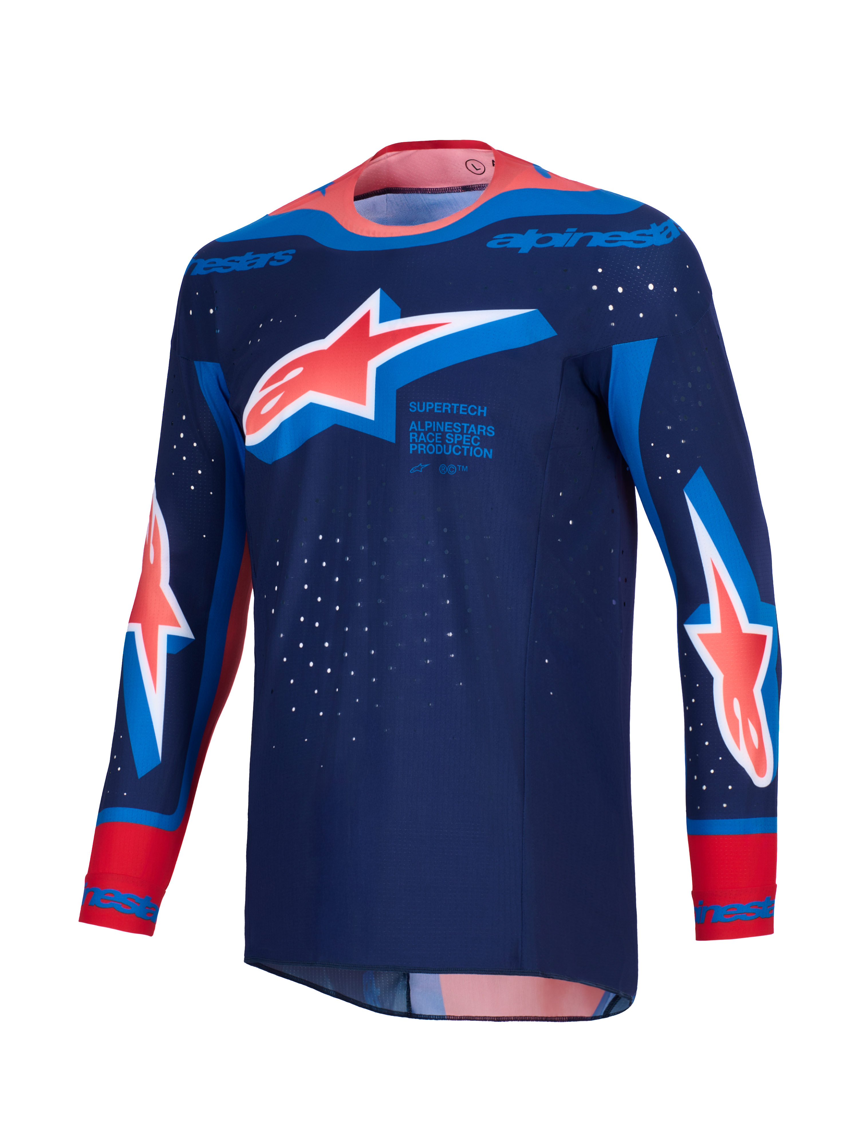 Alpinestars Supertech Vista Jersey 2026, koszulka motocrossowa, ciemnogranatowa z koralowymi i kobaltowymi akcentami, duże logo Astar na klatce piersiowej i rękawach, sportowy krój wyścigowy z laserowo wycinanymi perforacjami i bezszwowym kołnierzykiem