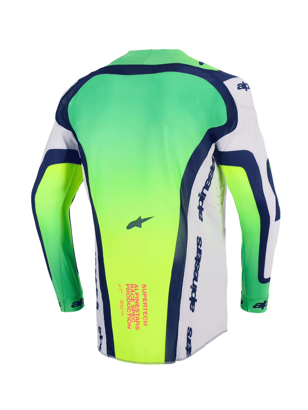 Koszulka Alpinestars Supertech Vista 2026, koszulka motocrossowa, neonowa zieleń, biały i granatowy, widok z tyłu ukazujący przedłużony tył, laserowo wycinane perforacje po bokach, różowa grafika tekstowa w dolnej części pleców, profesjonalna lekka odzież wyścigowa
