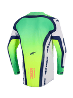 Koszulka Alpinestars Supertech Vista 2026, koszulka motocrossowa, neonowa zieleń, biały i granatowy, widok z tyłu ukazujący przedłużony tył, laserowo wycinane perforacje po bokach, różowa grafika tekstowa w dolnej części pleców, profesjonalna lekka odzież wyścigowa