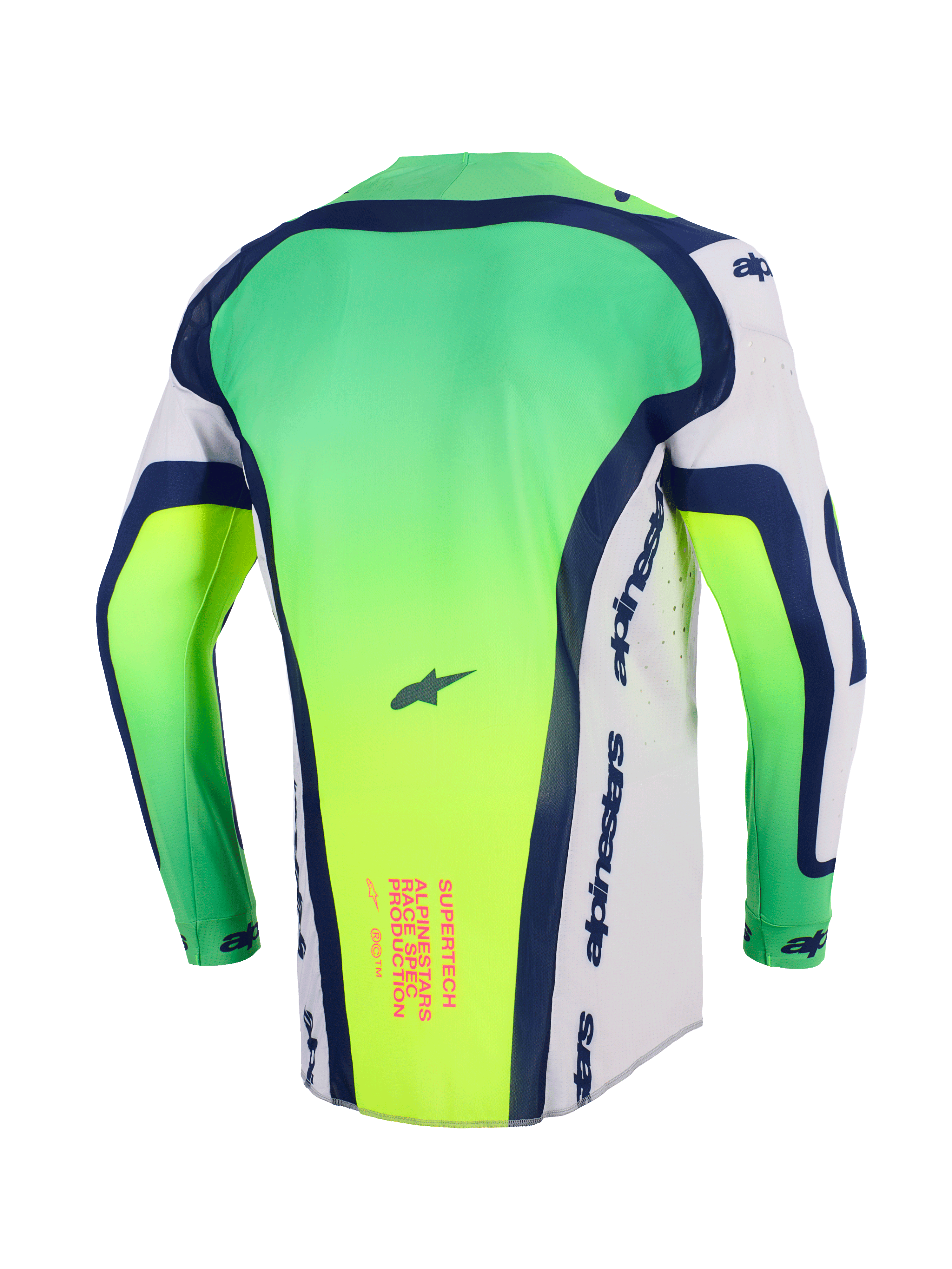 Koszulka Alpinestars Supertech Vista 2026, koszulka motocrossowa, neonowa zieleń, biały i granatowy, widok z tyłu ukazujący przedłużony tył, laserowo wycinane perforacje po bokach, różowa grafika tekstowa w dolnej części pleców, profesjonalna lekka odzież wyścigowa