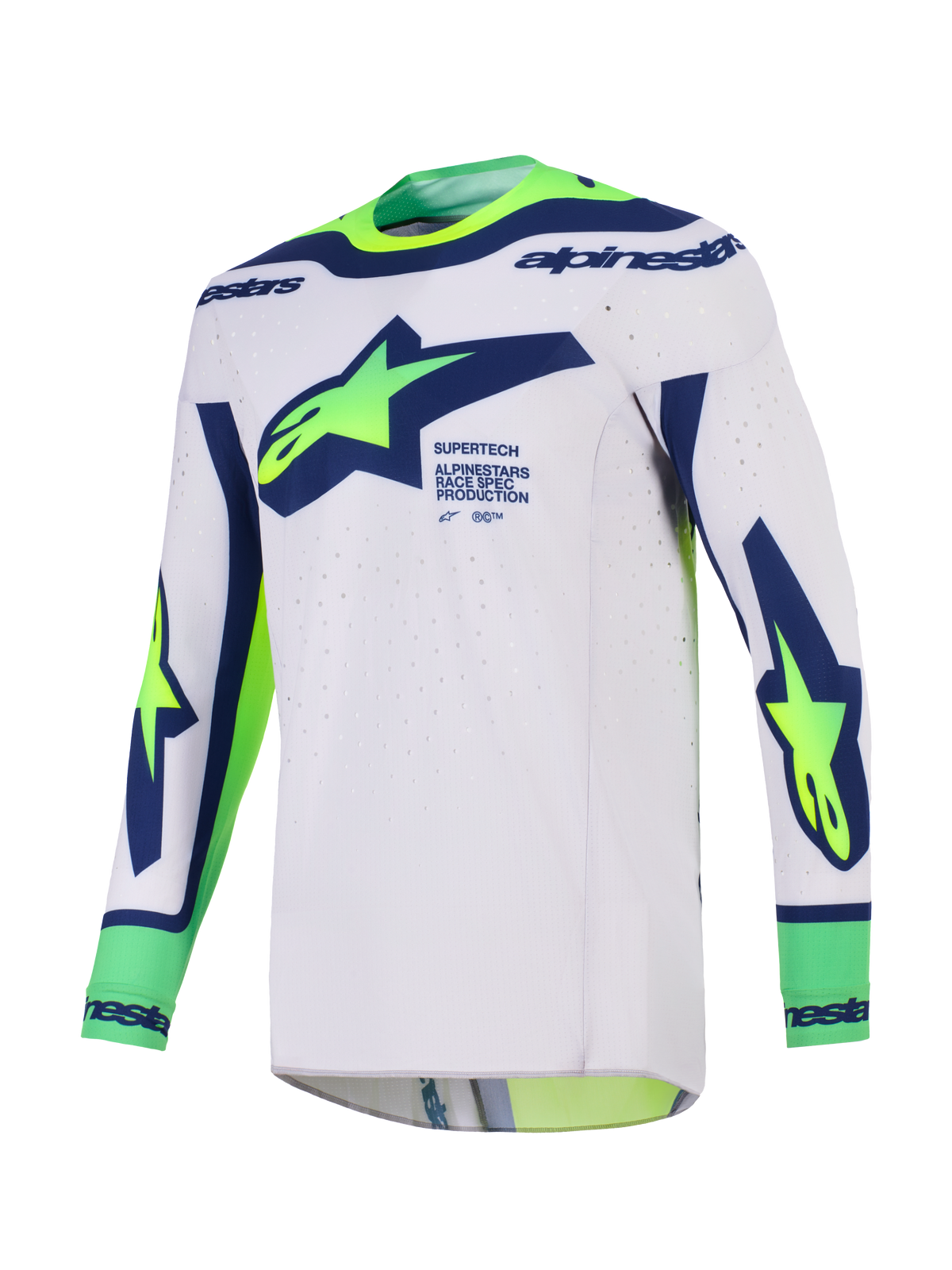 Alpinestars Supertech Vista Jersey 2026, koszulka motocrossowa, jasnoszara z neonowym żółtym i niebieskim, z dużym logo Alpinestars na klatce piersiowej, brandingiem „Race Spec”, laserowo wycinaną wentylacją i sportowym krojem wyścigowym.
