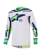 Alpinestars Supertech Vista Jersey 2026, koszulka motocrossowa, jasnoszara z neonowym żółtym i niebieskim, z dużym logo Alpinestars na klatce piersiowej, brandingiem „Race Spec”, laserowo wycinaną wentylacją i sportowym krojem wyścigowym.