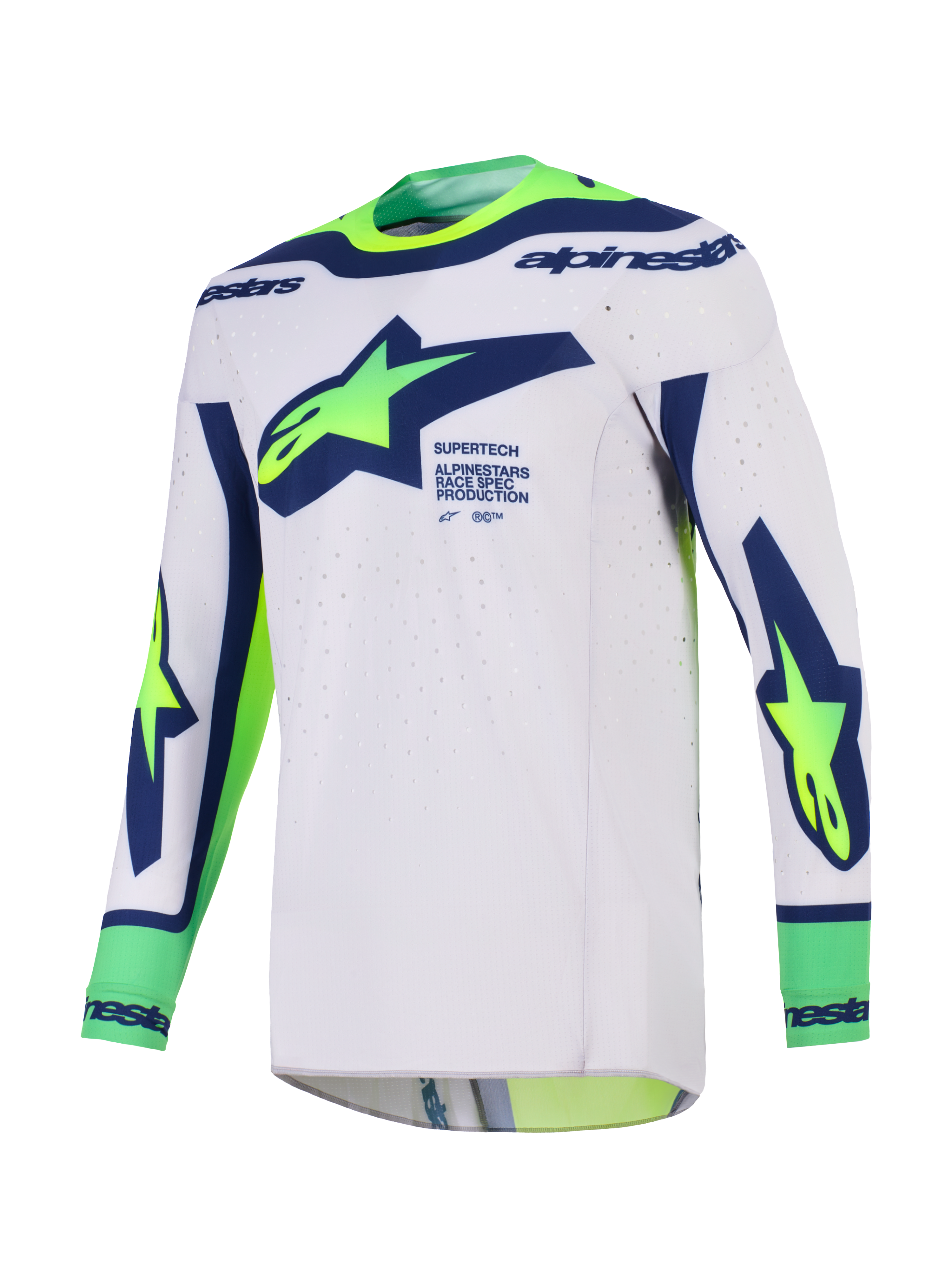 Alpinestars Supertech Vista Jersey 2026, koszulka motocrossowa, jasnoszara z neonowym żółtym i niebieskim, z dużym logo Alpinestars na klatce piersiowej, brandingiem „Race Spec”, laserowo wycinaną wentylacją i sportowym krojem wyścigowym.