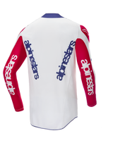 Alpinestars Limited Edition Techstar Fortitude Jersey, Motocross Jersey, Bright Red White and Blue, rear view showing vertical blue branding on a white back with red sleeves, performance racing-derived fit for motocross