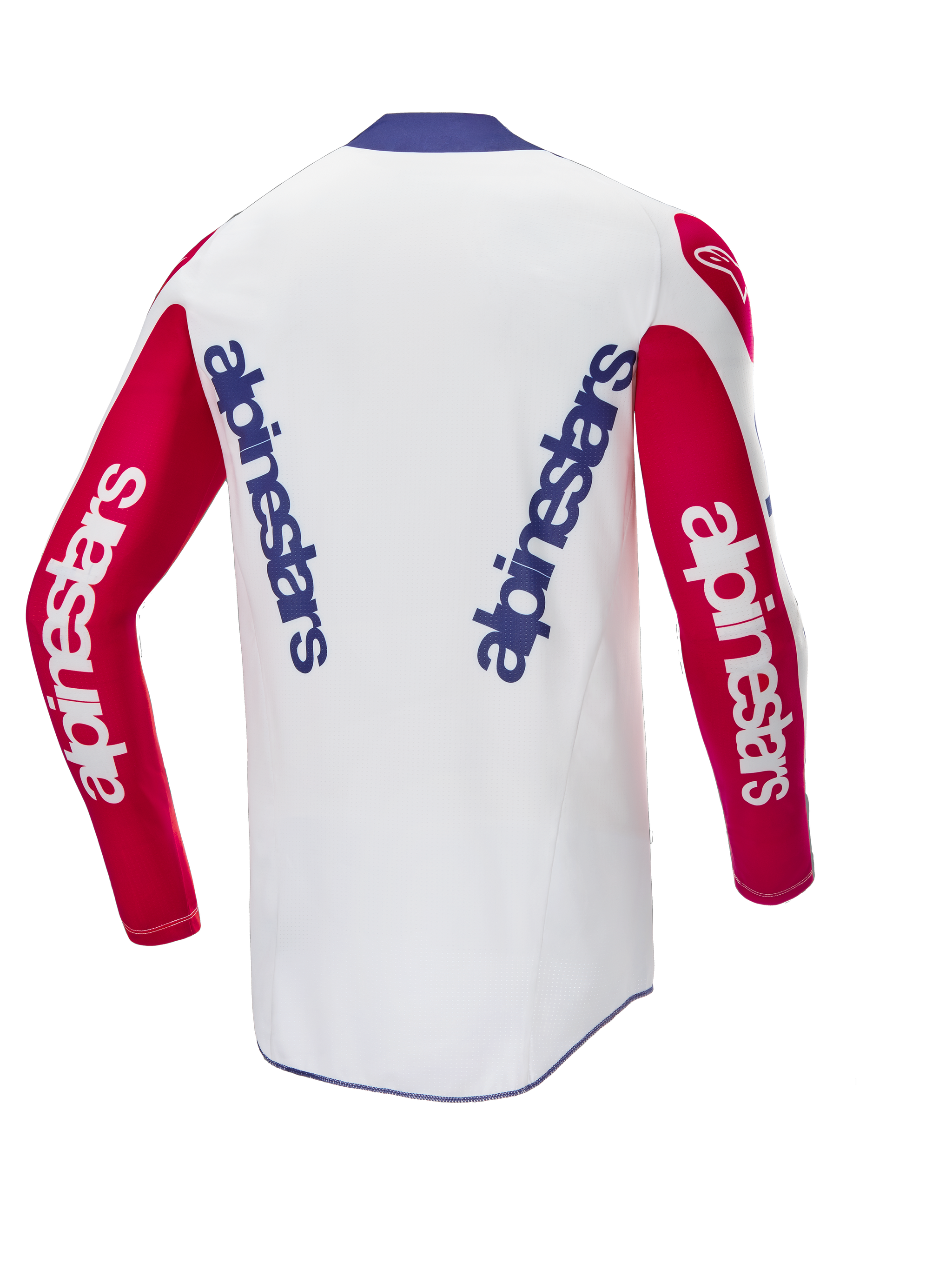 Alpinestars Limited Edition Techstar Fortitude Jersey, Motocross Jersey, Bright Red White and Blue, rear view showing vertical blue branding on a white back with red sleeves, performance racing-derived fit for motocross