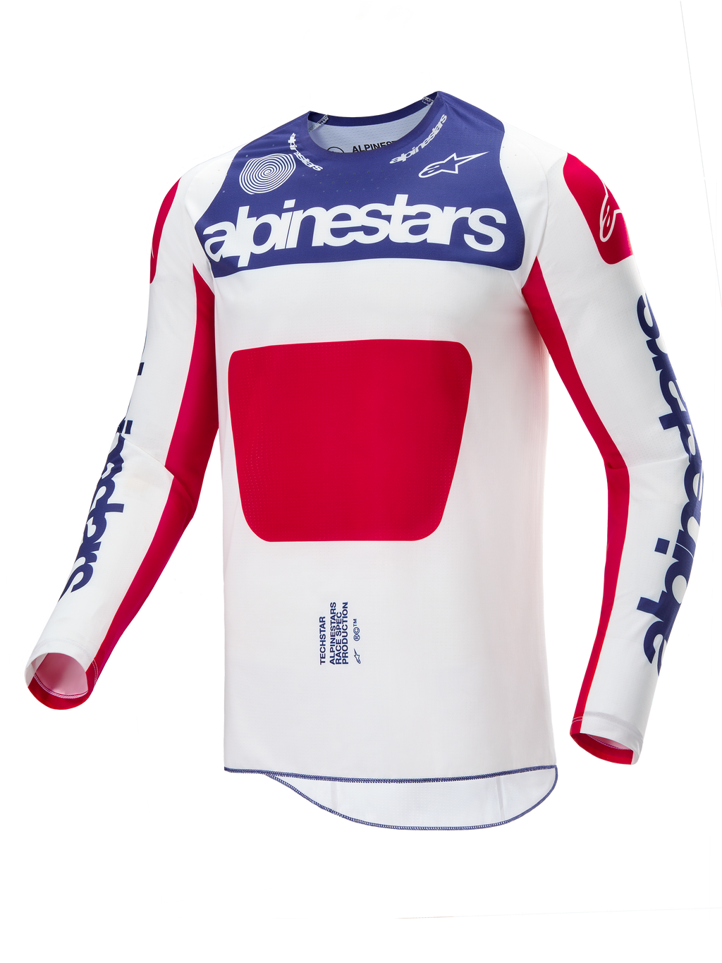 Alpinestars Limited Edition Techstar Fortitude Jersey, koszulka motocrossowa, biało-czerwono-niebieska, biały główny korpus z niebieskim panelem na klatce piersiowej i czerwoną grafiką, niebieskie logo Alpinestars na rękawach, sportowy wyścigowy krój