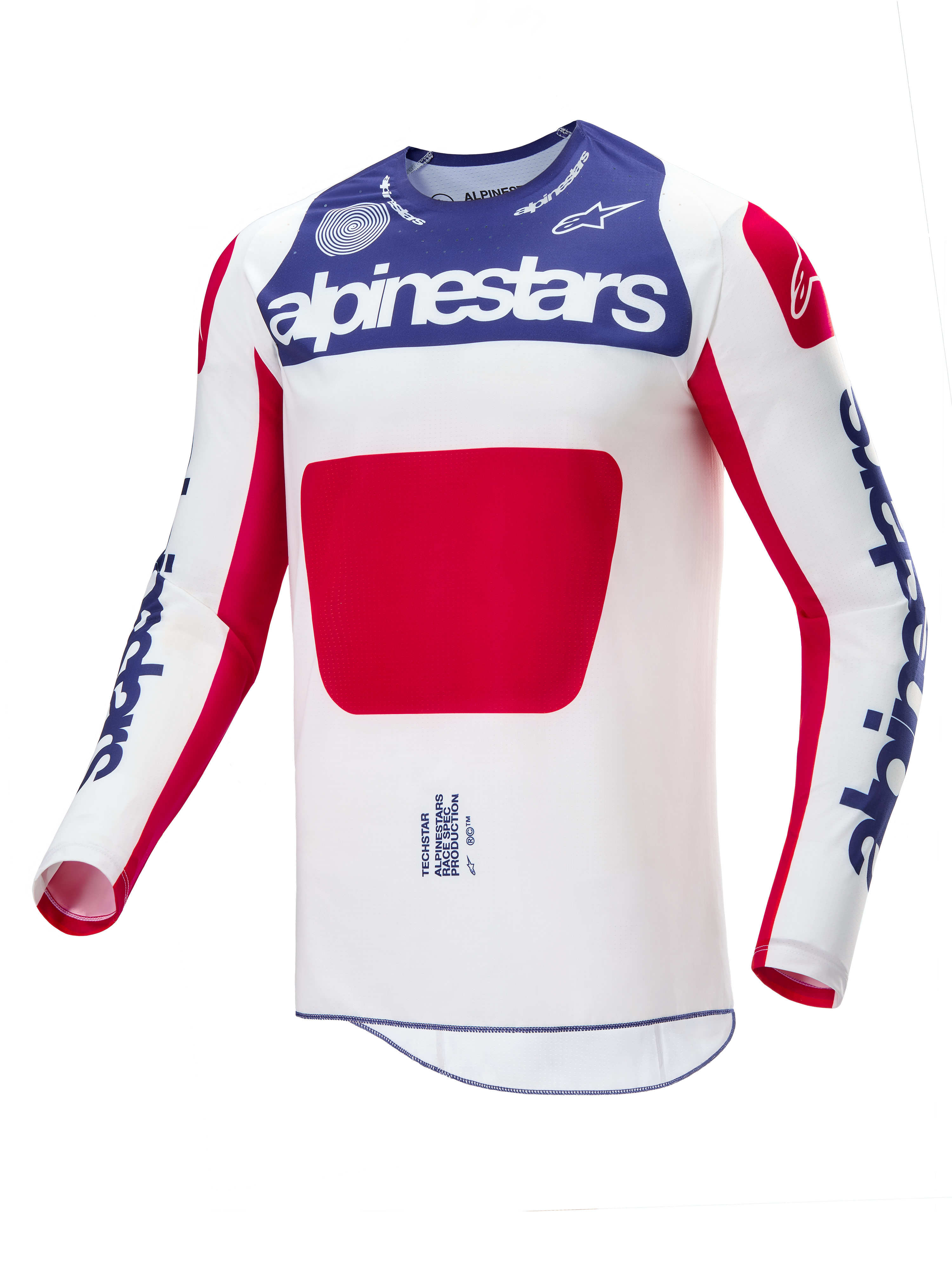 Alpinestars Limited Edition Techstar Fortitude Jersey, koszulka motocrossowa, biało-czerwono-niebieska, biały główny korpus z niebieskim panelem na klatce piersiowej i czerwoną grafiką, niebieskie logo Alpinestars na rękawach, sportowy wyścigowy krój